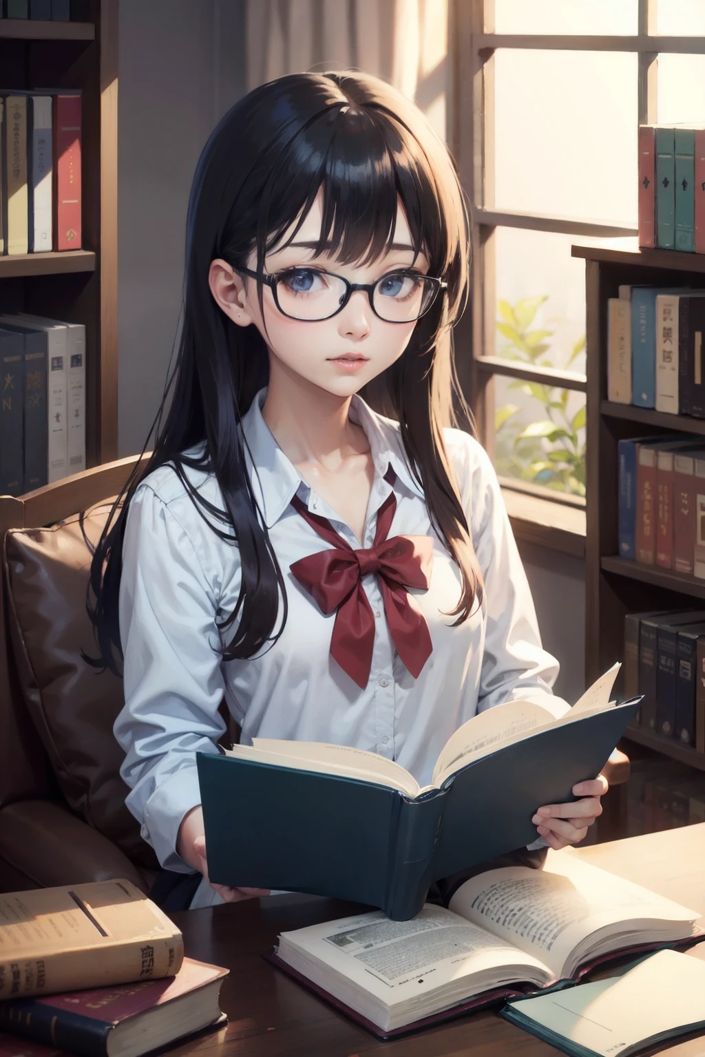 top-quality、lighting like a movie、book library、High School Girl 1,Black-rimmed glasses、Lots of books、Reading a book、