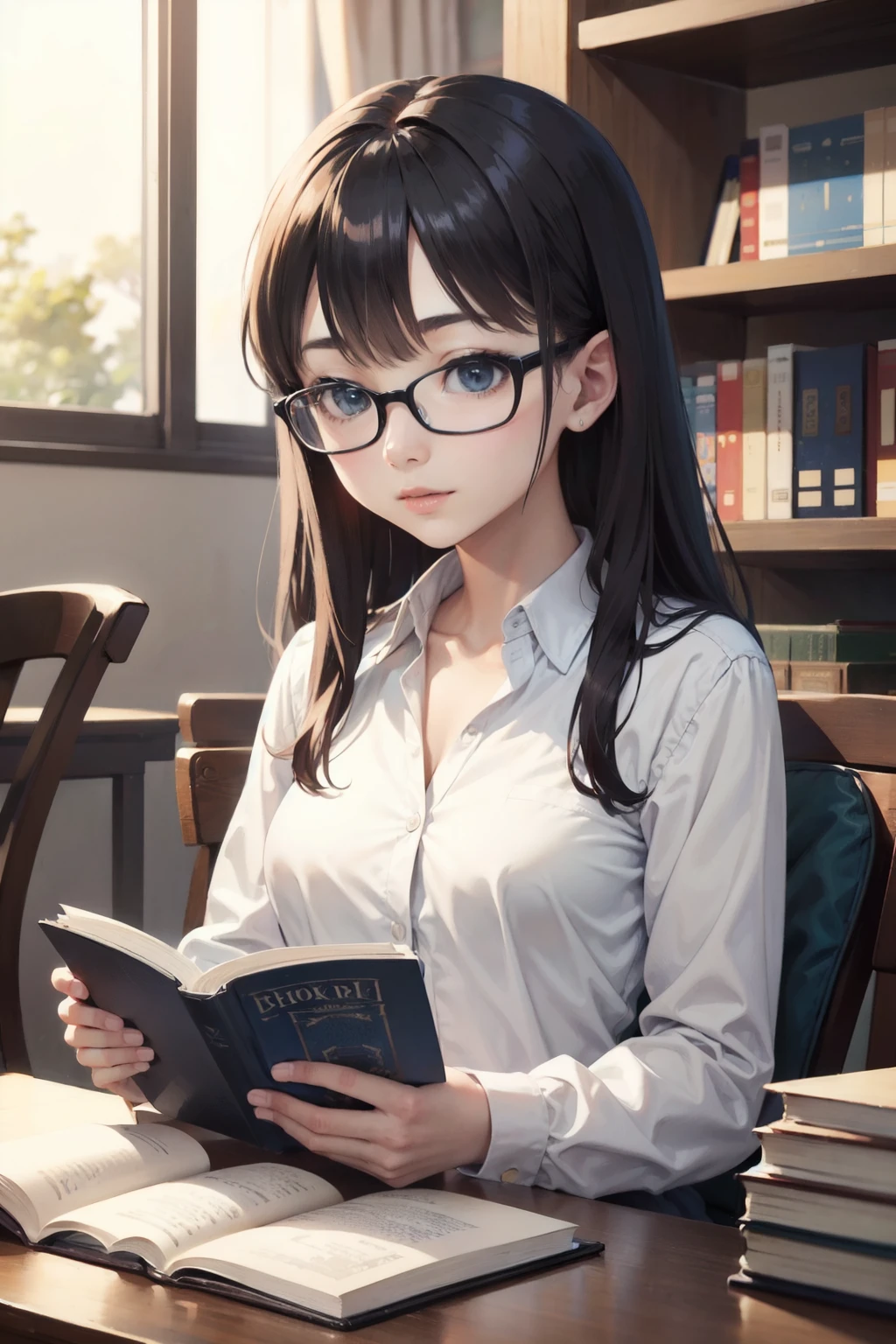 top-quality、lighting like a movie、book library、High Girl 1,Black-rimmed glasses、Lots of books、Reading a book、