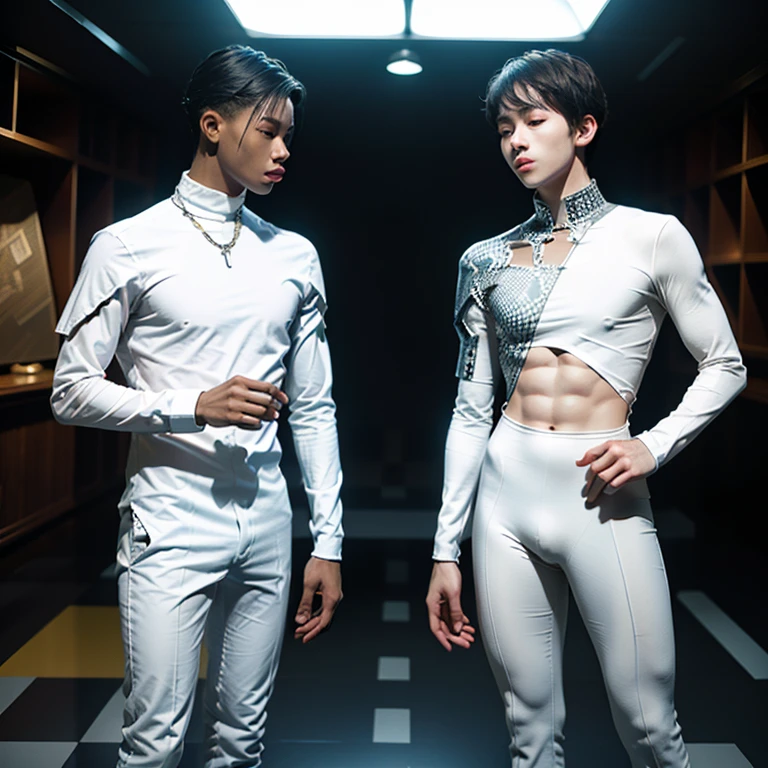 2boys, empty background, chessboard floor, human chess, checkmate, white pawn kills black king, boys in skintight bodysuits representing their respective chesspieces