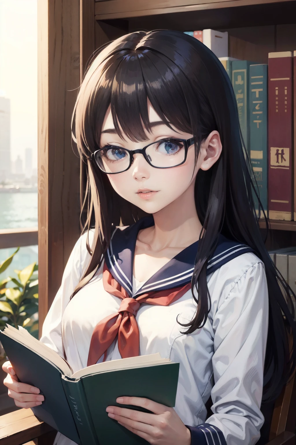 top-quality、lighting like a movie、book library、High School Girl 1,a sailor suit、Black-rimmed glasses、Reading a book、