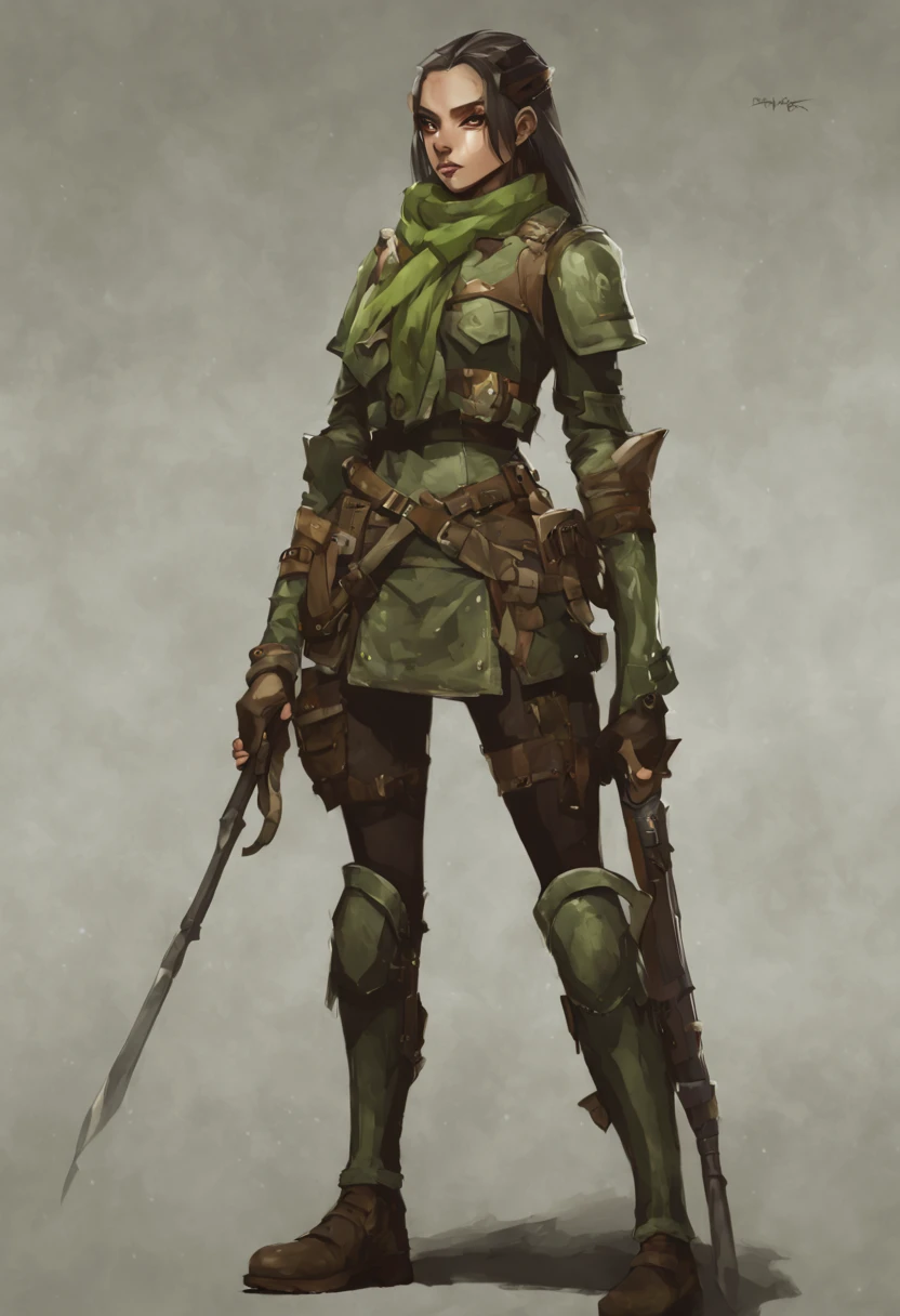 (dark elf girl, young barbarian girl, WW1 soldier), cute face, round face, skinny body, slight figure, full body, long military outfit, armor jacket, camo jacket, high collar, scarf, industrial, concept art, green brown white, matte colors, flat colors, atmosphere, coherent, continuity, epic, sharp lines, full shot (brushed colors)