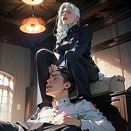 (high-res,masterpiece:1.2),full-body,lean boy:1.2 in sex with a dominating mistress, dominated:1.6,((confident woman, girl on top, boy on below, sitting on face:1.6)).(cinematic lighting),