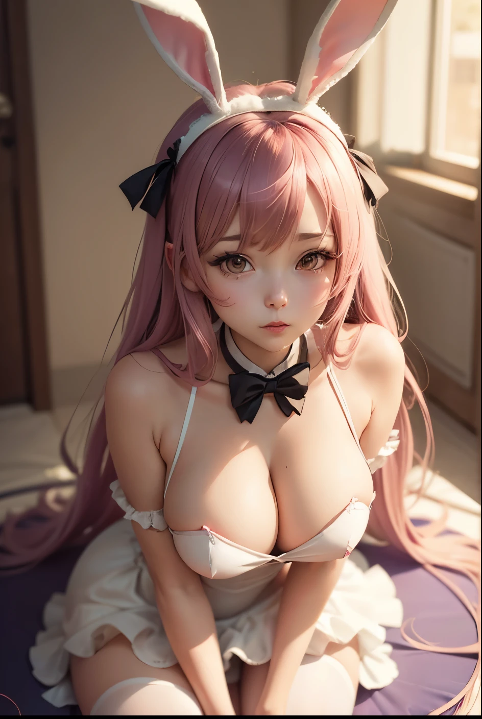 Woman in a bunny suit takes a photo, bunny girl, with big bunny ears, ultrarealistic sweet bunny girl, with long floppy bunny ears, seductive anime girl, with bunny ears, in dress, from girls on the front lines, top rated on PIXIV, Obai , bunny ears, covering breasts and SFW, cute anime cat girl, shikameme