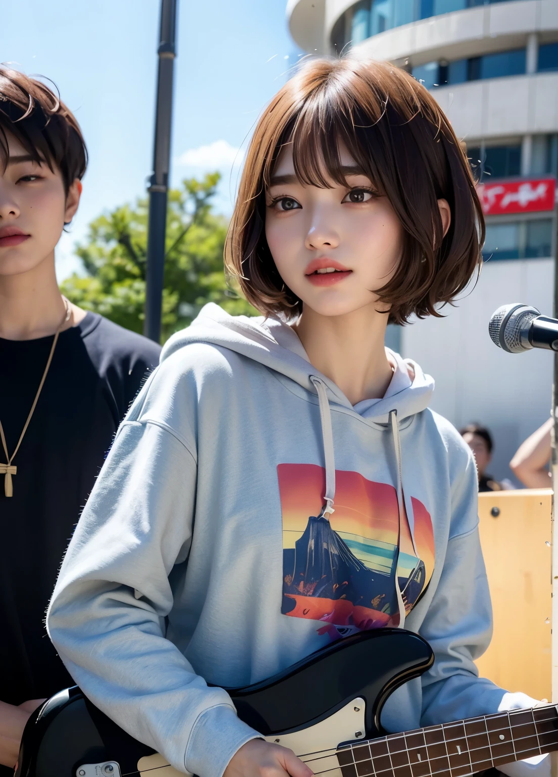 ((top-quality))、(masterpiece:1.4)、Raw photography、8K、((Top image quality))、 ((hight resolution))、Beautiful face in every detail、realisiticな人の肌、Gentle expression、(One lady:1.3 )、realisitic、(rather short hair:1.4)、(Beautuful Women)、(cute Japanese girls:1.3)、(boyish:1.3)、((mannish))、((Pretty Woman))、(Beautiful hair)、((dark brown hair))、With bangs、(((Red cheeks)))、(Her eyes are big:1.3)、20-year-old beauty、(her face is small:1.3 )、small head、(long neck:1.3)、a necklace、((music festival))、(Hoodie)、((On stage))、(play bass guitar:1.3)、((Happy look))、singers、Everyone admires her、rock band、(young woman admires her)、(popular person)、(Dynamism:1.3)、(Oversized clothes)、Band Group Vocals、