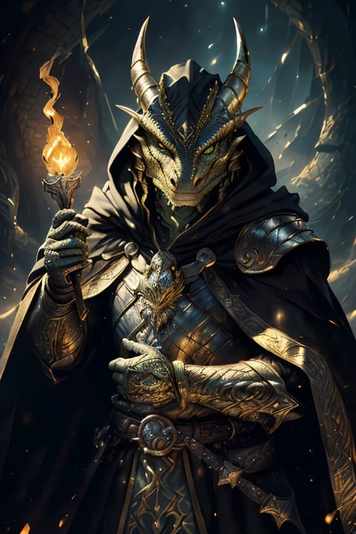 ((Dragonborn, black scales, green eyes, dragon features, dragon face, long gold horns)),  (gold plate armor, armor on chest, gold chest plate, gold pauldrons, black cloak, black robe, closeup, portrait, high details, best quality, 8k, [ultra detailed], masterpiece, best quality, (extremely detailed), dynamic angle, ultra wide shot, photorealistic, RAW, fantasy art, dnd art, fantasy art, realistic art, a wide angle picture of a dragonborn sorcerer ready for battle, (intense details, Masterpiece, best quality: 1.5), D&D dragonborn, black scales dragonborn, dynamic eyes color, reptilian eyes, wearing heavy armor, wearing cloak, long cloak, flowing cloak  (intense details, Masterpiece, best quality: 1.5) , dynamic colors,  (intense details, Masterpiece, best quality: 1.5), (intense details, Masterpiece, best quality: 1.5),  (intense details, Masterpiece, best quality: 1.5), outside, night time, torches, casting spell, (intense details, Masterpiece, best quality: 1.5), sense of action, atmosphere of danger, conjuring lighting in hand, casting lighting,  shooting lighting from hands