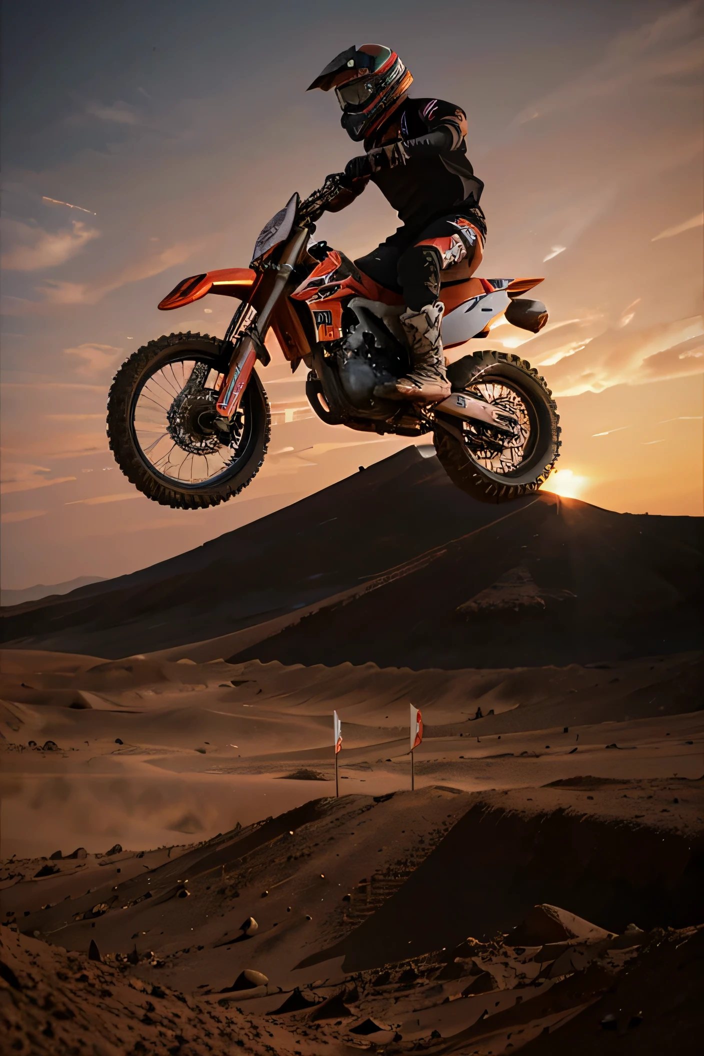 motocross bike doing a big jump on mars, red sky, zoomed out