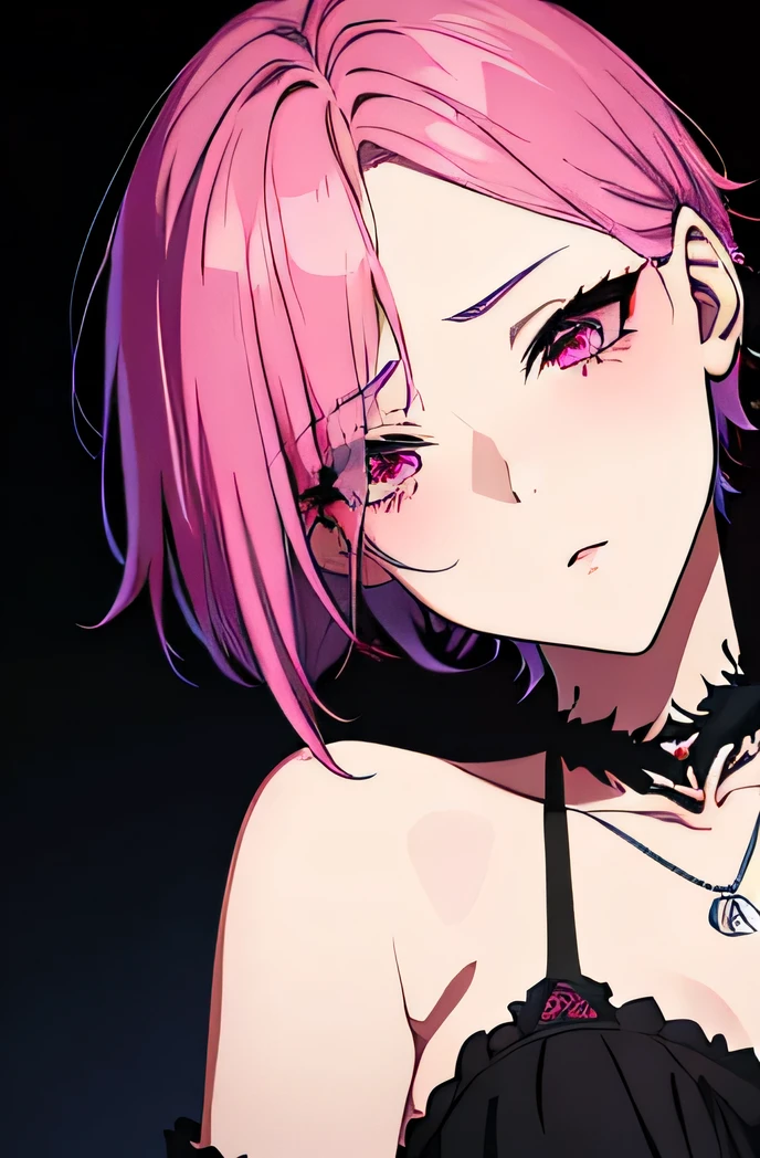 there is a cartoon picture of feminine boy with short pink hair, an anime drawing by Ei-Q, pixiv contest winner, gothic art, anime moe artstyle, 1 7 - year - old anime, anime style portrait, in an anime style, demon femboy, flat anime style, cute, lewd crossdresser