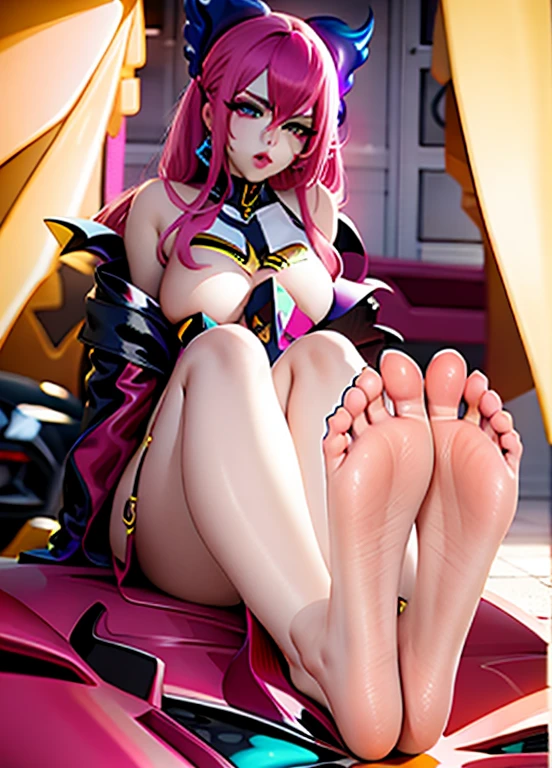 evelynn (kda), big garage with supercars in background, sitting on lamborghini, sweaty soles, barefoot, nude, extremely long soles, super long soles, extremely long toes
