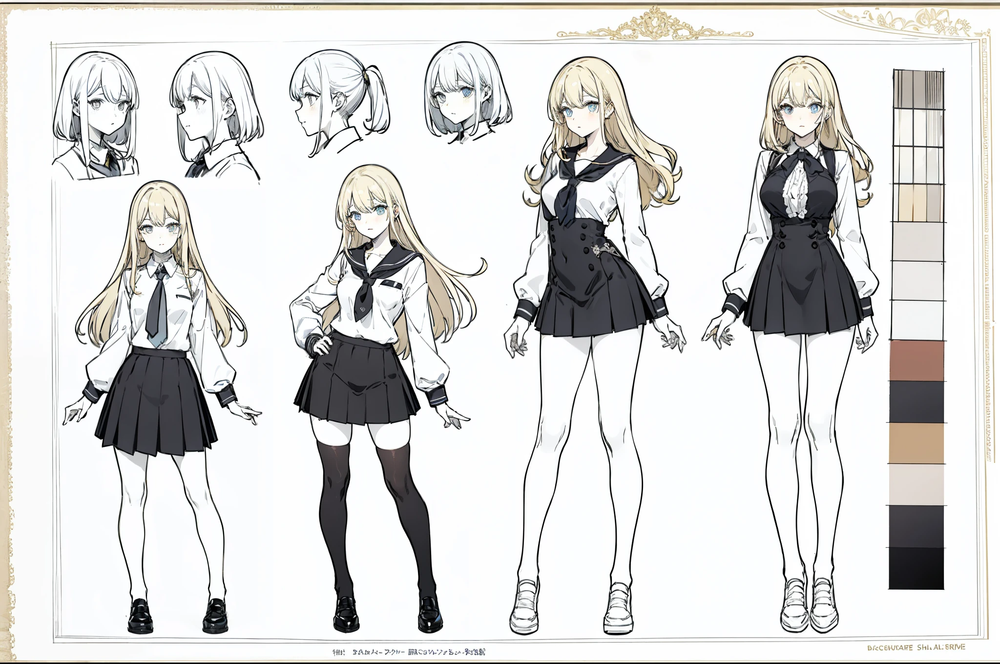 shcool uniform，Stockings，Short black skirt，White top，Fashion leather shoes， popular colors，（character design sheet，facefront，backfacing，Lateral face，Same character），The background is ，long golden hair，small nipple，girl，Thick eyebrowig breasts thin waist，Beautiful blonde，（nmasterpiece），（（HighestQuali）），（ultra-detailliert），Giant Breast Girl，（beautifuleyeeautiful details eyes，Clean and meticulous face，Five fingers，Textile shades，anatomy perfect