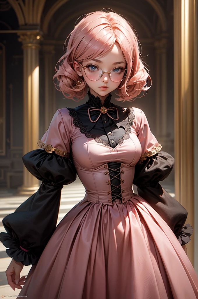 Anime girl tuxedo with curly rose gold hair and round gold glasses, rose gold eyes. Guviz style art, attractive detailed art style, Charlie Bowater Style, 1 7 - year - old cute anime girl, detailed manga style, detailed anime character art, germ of art. High detail, stunning manga art style. Rose dress. (pink dress) . Wearing rose gold Victorian clothing.