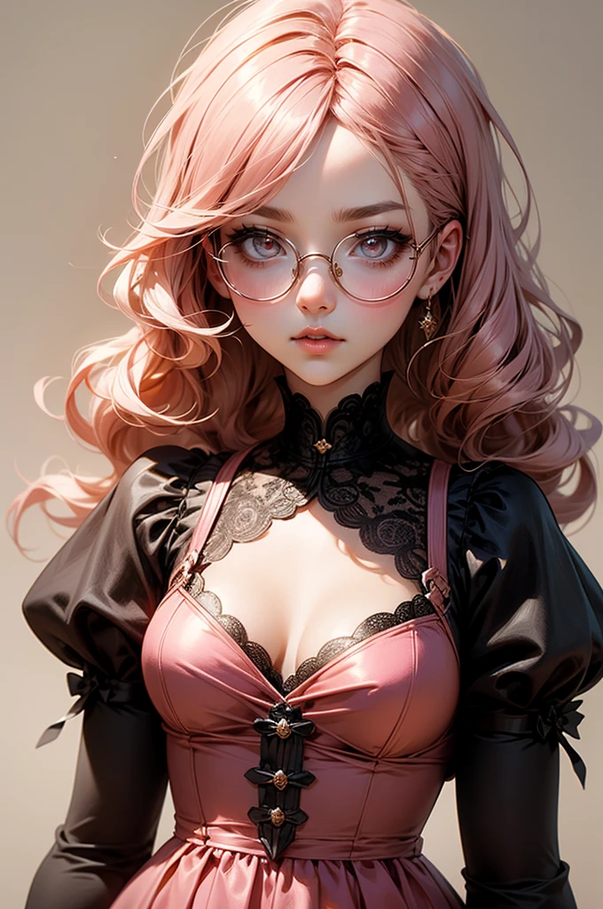 Anime girl tuxedo with curly rose gold hair and round gold glasses, rose gold eyes. Guviz style art, attractive detailed art style, Charlie Bowater Style, 1 7 -  - old e anime girl, detailed manga style, detailed anime character art, germ of art. High detail, stunning manga art style. Rose dress. (pink dress) . Wearing rose gold Victorian clothing.