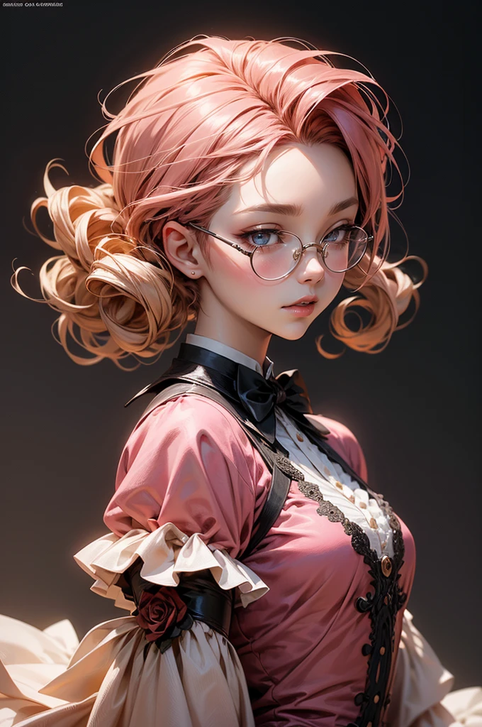 Anime girl tuxedo with curly rose gold hair and round gold glasses, rose gold eyes. Guviz style art, attractive detailed art style, Charlie Bowater Style, 1 7 - - old e anime girl, detailed manga style, detailed anime character art, germ of art. High detail, stunning manga art style. Rose dress. (pink dress) . Wearing rose gold Victorian clothing.