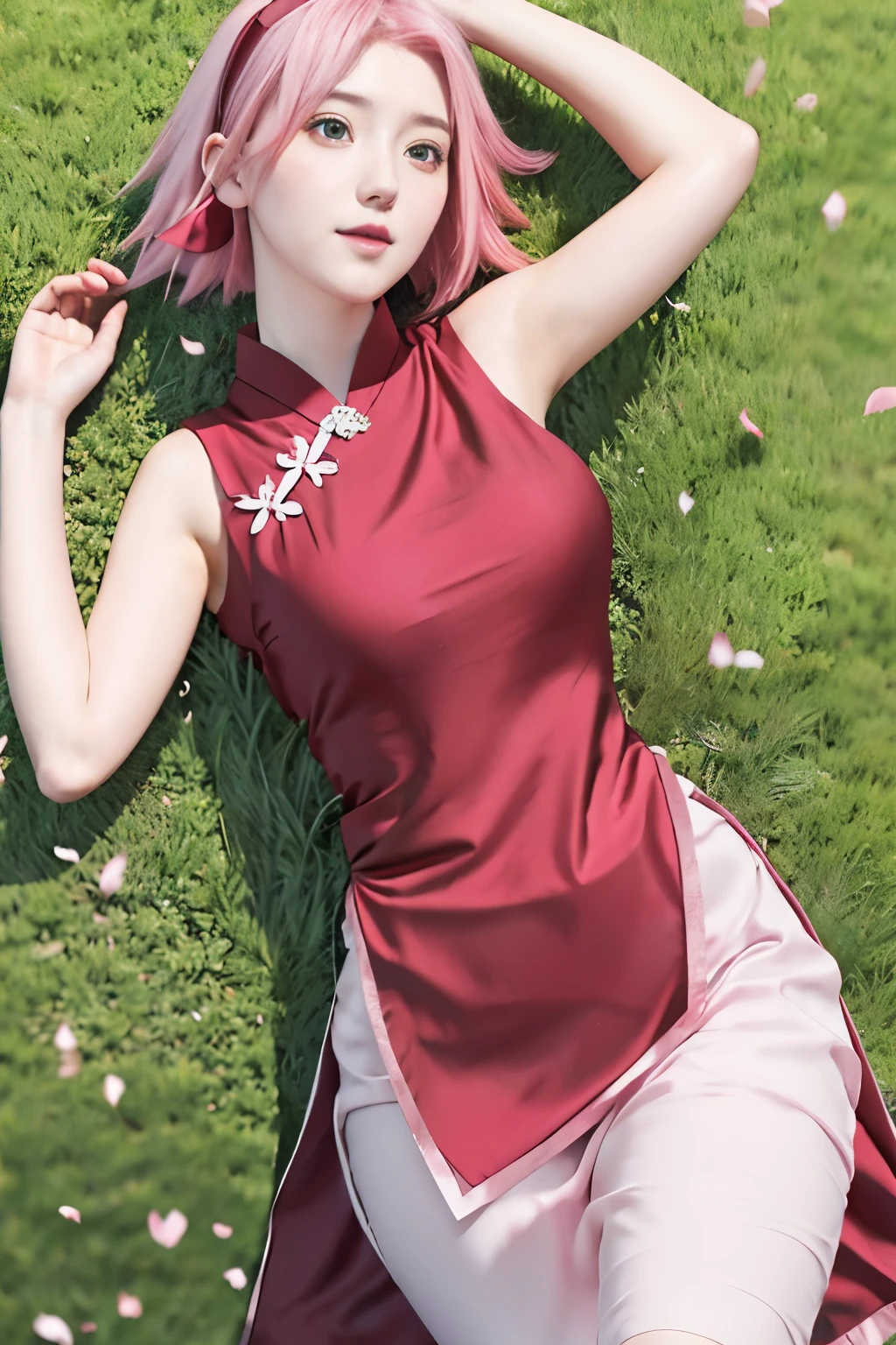 haruno sakura, naruto \(series\), naruto shippuuden, anime art style, masterpiece, red shirt, shirt, short hair, sleeveless, sleeveless shirt, forehead protector, hairband, konohagakure symbol on hairband, 1girl, solo, bangs, breasts, sexy smile, elbow sleeve, eyes visible through hair, floating hair, foreshortening, green eyes, hair intakes, parted bangs, pink hair, medium breasts, v-shaped eyebrows, detailed background, outdoor, cherry blossoms, sky, (ultra detailed), (8k, intricate), (85mm), light particles, lighting, full body, (highly detailed:1.2), (gradients), sfw, colorful, (detailed background), (rule of third_composition:1.3), (Line of action:1.2), daylight, solo