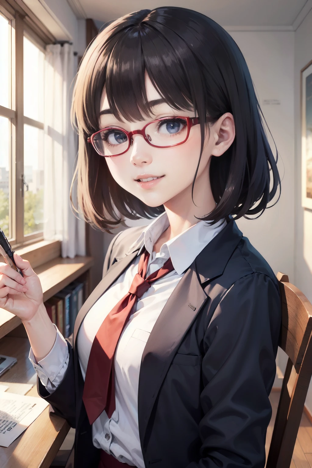top-quality、lighting like a movie、museum、High School Girl 1,Red-rimmed glasses、ssmile、