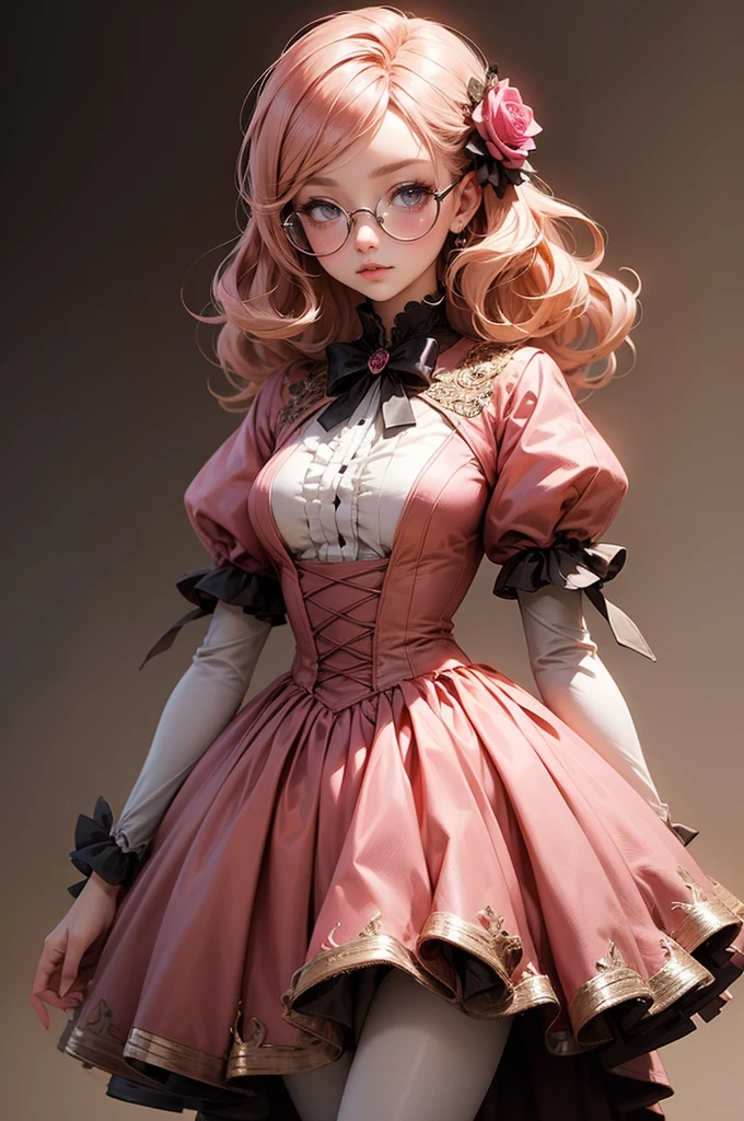 Anime girl tuxedo with curly rose gold hair and round gold glasses, rose gold eyes. Guviz style art, attractive detailed art style, Charlie Bowater Style, 1 7 - year - old cute anime girl, detailed manga style, detailed anime character art, germ of art. High detail, stunning manga art style. Rose dress. (pink dress) . Wearing rose gold Victorian clothing.