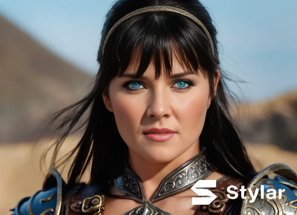 (best quality,Realistic),Xena,identical and perfect face,Olhos azuis claros,corpo perfeito,vivid colors,Detailed features,studio lighting, expression serious