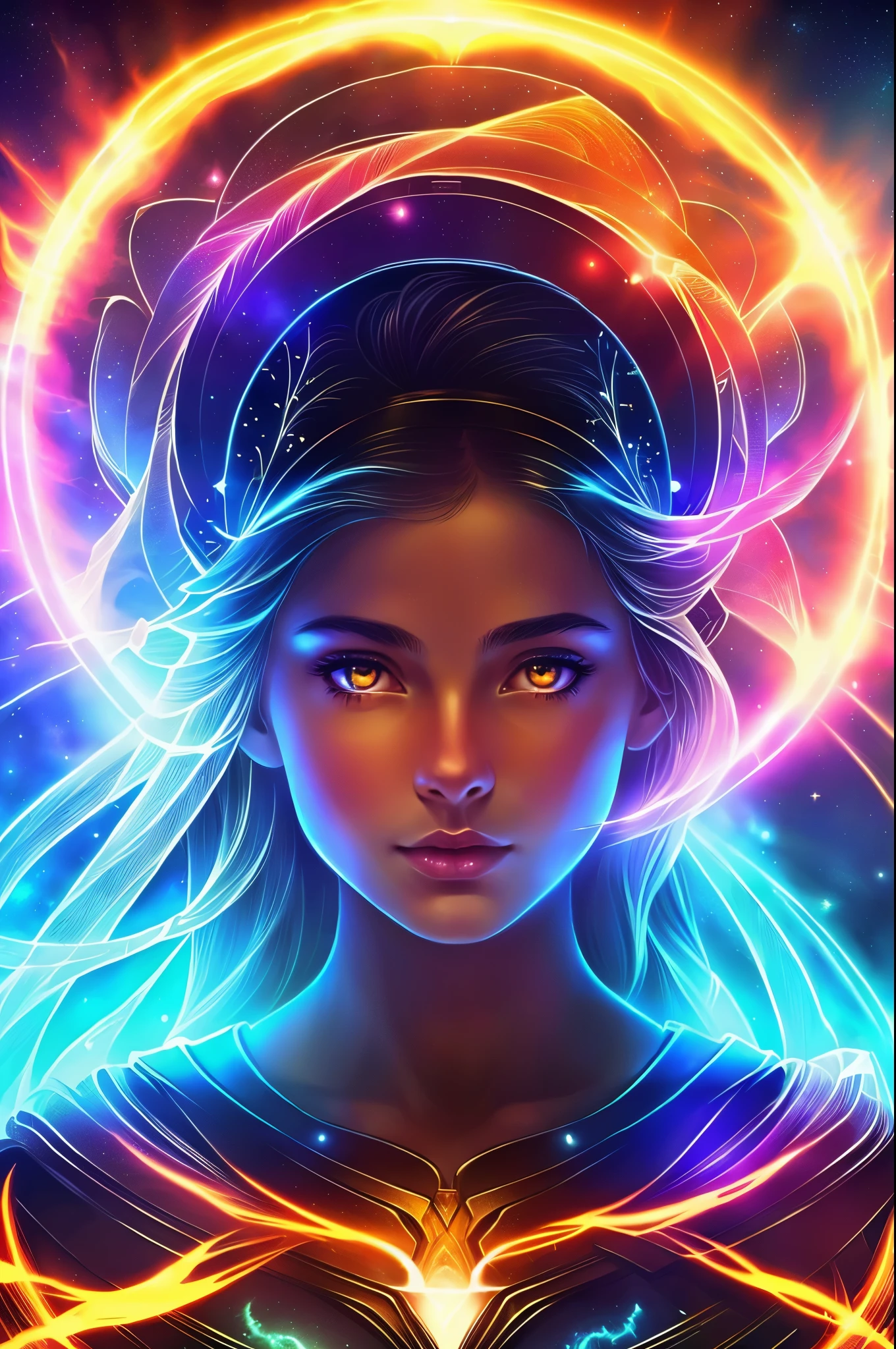 ((best quality)), ((masterpiece)), ((realistic)), portrait, 1girl, celestial, deity, goddess, light particles, halo, looking at viewer, (bioluminescent:0.95) flame, bioluminescence, phoenix, Vibrant, Colorful, Color, (Glow, Glow), (Beautiful Composition), Cinematic Lights, Intricate, (Symmetry: 0.5), Whimsical, Alien Planet