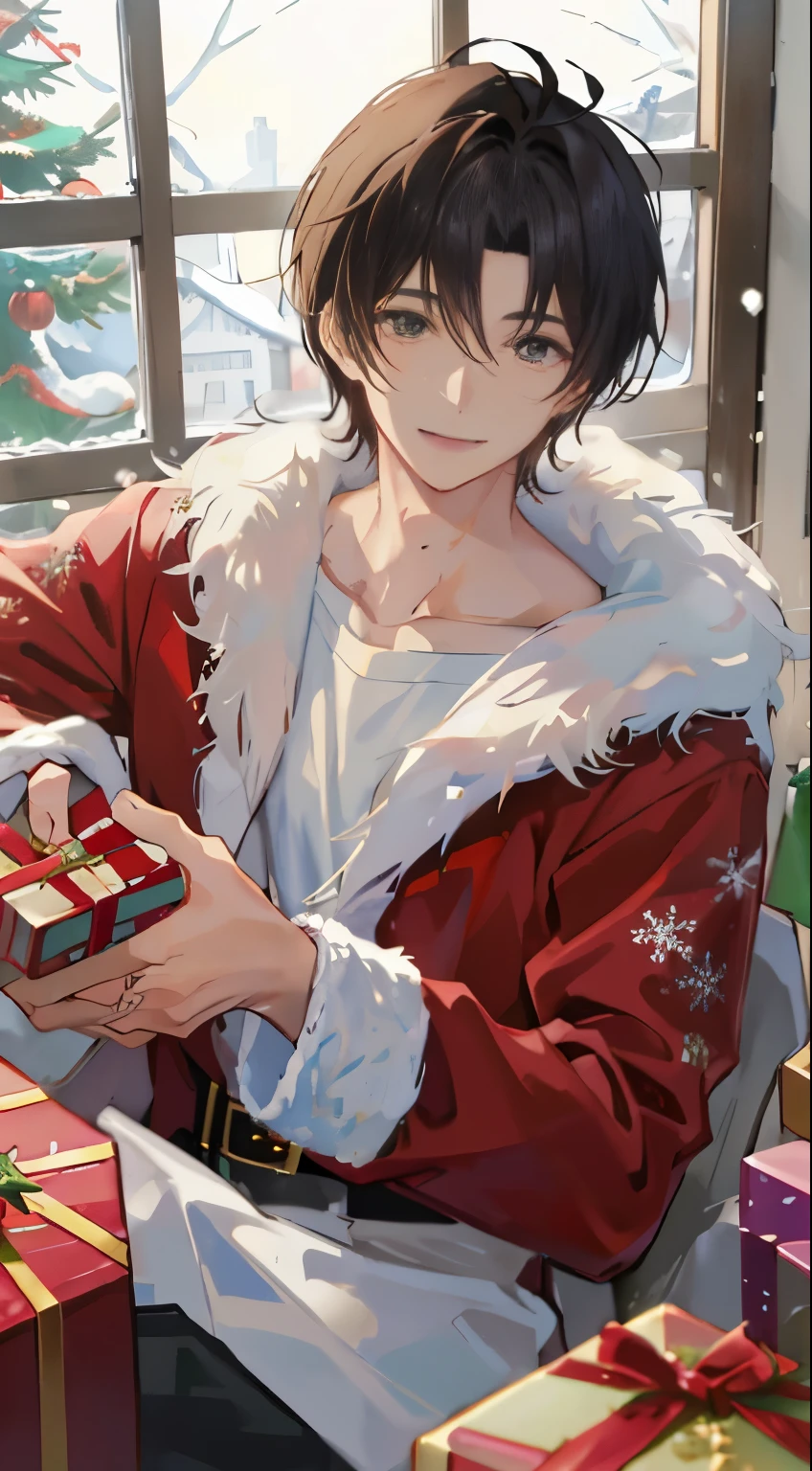 Handsome anime man near the Christmas tree and a lot of presents,A dark-haired、short-haired、parted bangs、Brown eyes、Santa Claus attire、 It's snowing outside the window、Smiling、Upper body