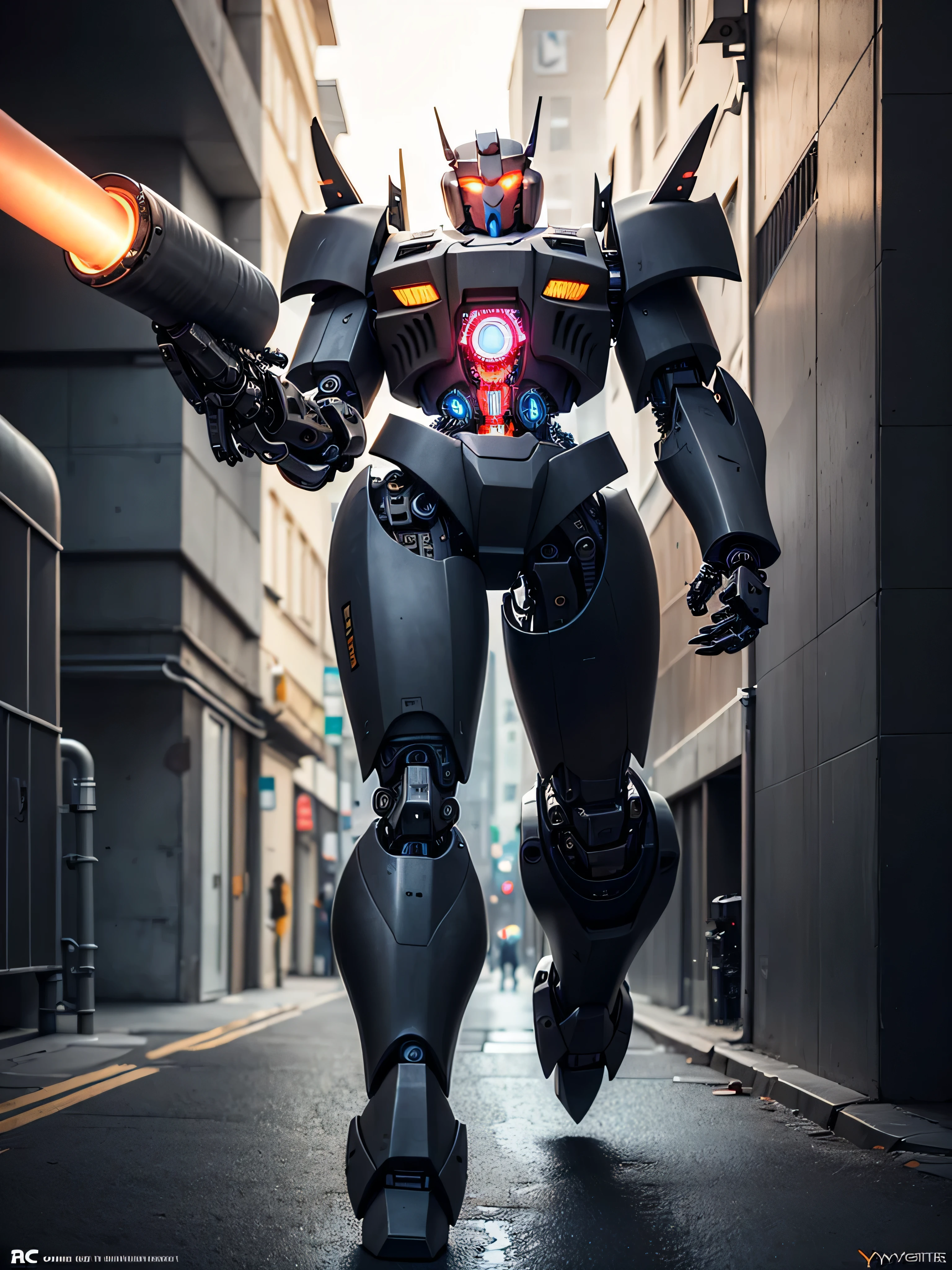 ((best quality: 1.5)) ((masterpiece: 0.8)), intricate details, sharp focus, professional, photorealistic, real life, ((((gigantic battle mech, (gun cylinder arm))))) bright glow, running, in the style of realistic and hyper detailed renderings, zbrush, hyper realistic oil, contoured shading, dark room, dark background, black background, solo, BREAK; BREAK ((((forgotten war city, concrete crater)))), ((fujicolor)), BREAK; BREAK ((((futuristic (matte black armor, ((cybernetic arm, mechanical leg)))), photorealistic, hyper-realistic)))