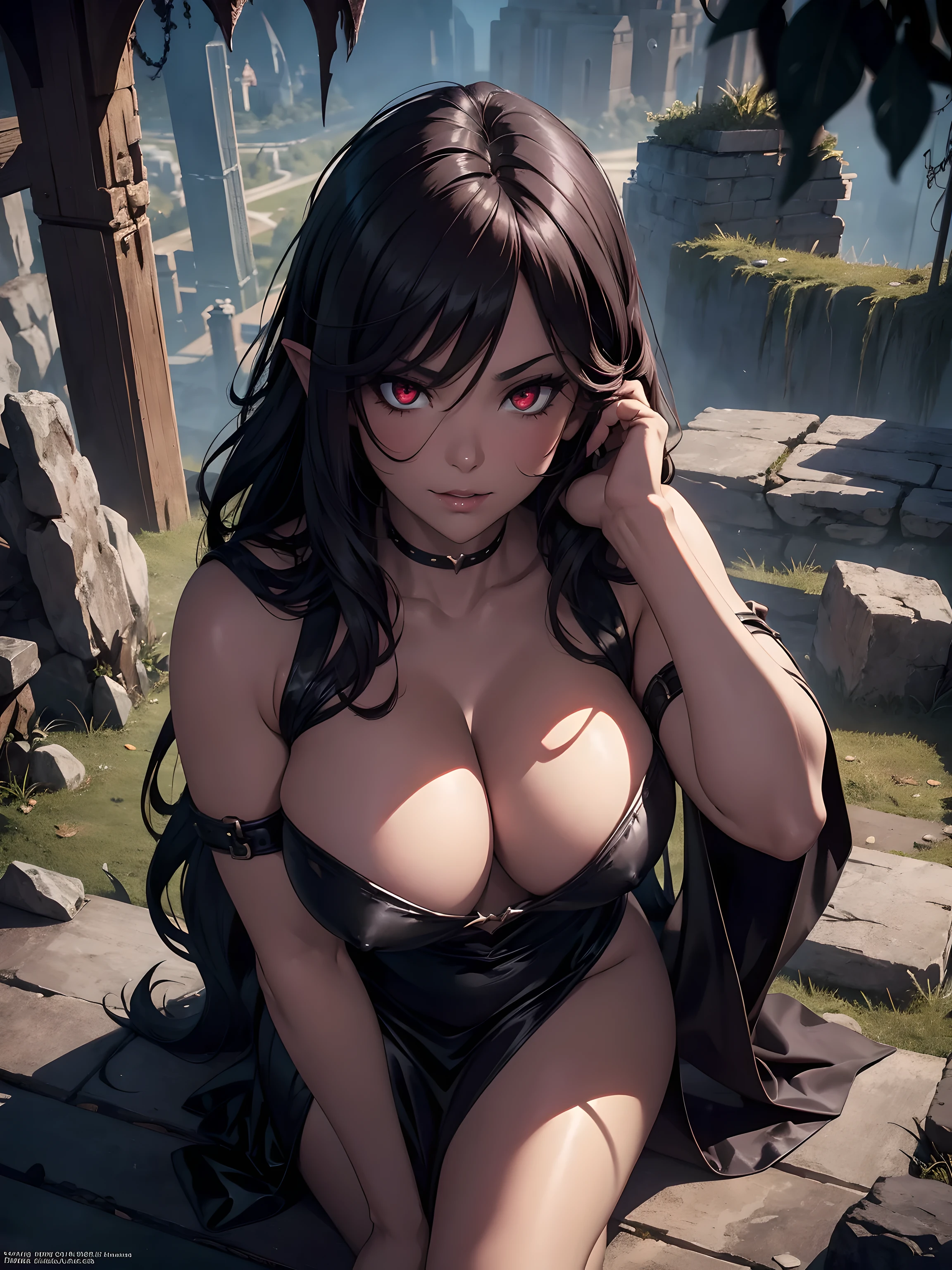 Fantasy, night, Cinematic scene, mid-shot from above, dark wide dungeon, a voluptuous succubus with a curvy body, naked, pubic hair, nsfw, evil smirk, red eyes, black braid, seductive, sitting on the ground, naked, pubic hair, High detailed, 4k, Masterpiece, Cinematic Lighting, shot from above