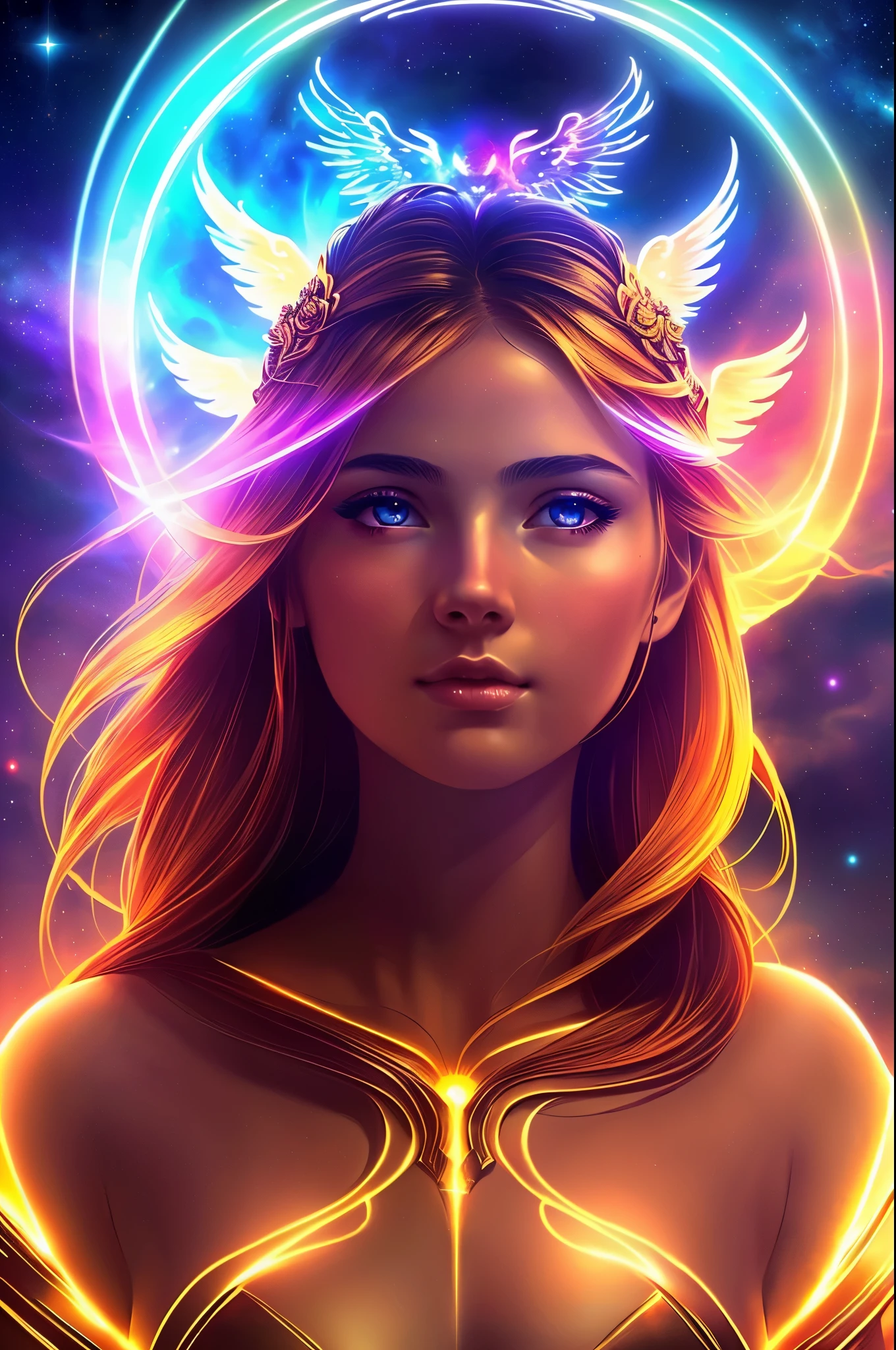 ((best quality)), ((masterpiece)), ((realistic)), portrait, 1girl, celestial, deity, goddess, light particles, halo, looking at viewer, (bioluminescent:0.95) flame, bioluminescence, phoenix, Vibrant, Colorful, Color, (Glow, Glow), (Beautiful Composition), Cinematic Lights, Intricate, (Symmetry: 0.5), Whimsical, Alien Planet