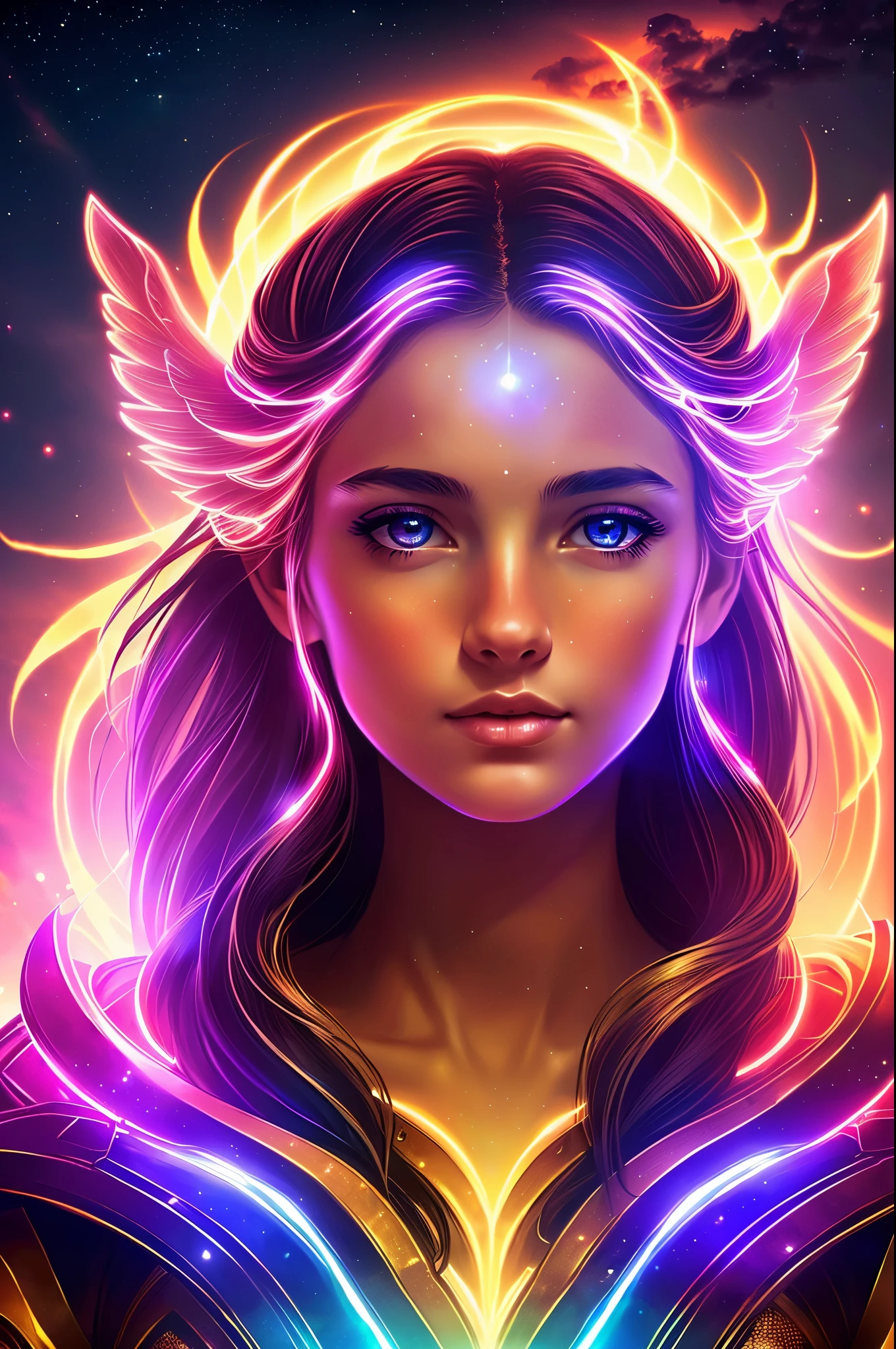 ((best quality)), ((masterpiece)), ((realistic)), portrait, 1girl, celestial, deity, goddess, light particles, halo, looking at viewer, (bioluminescent:0.95) flame, bioluminescence, phoenix, Vibrant, Colorful, Color, (Glow, Glow), (Beautiful Composition), Cinematic Lights, Intricate, (Symmetry: 0.5), Whimsical, Alien Planet