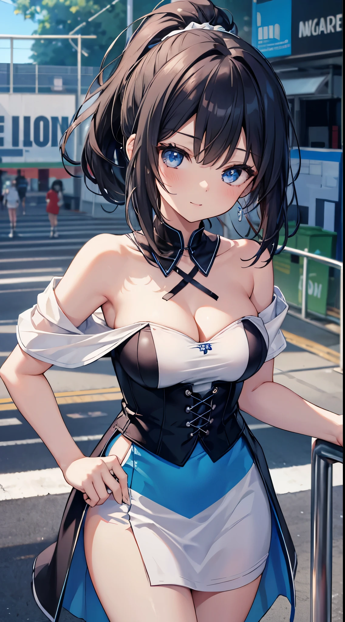 (8K、Top image quality、top-quality、masterpiece)、A detailed face、1 girl in、A dark-haired、ponytail、Blue eyes、piercings、A slight smil、large full breasts、cleavage、White Lace Queen、With logo、((off shoulders))、((Strapless))、white mini pencil skirt、shiny、Put your hands on your hips、cowboy shot、Racing track background