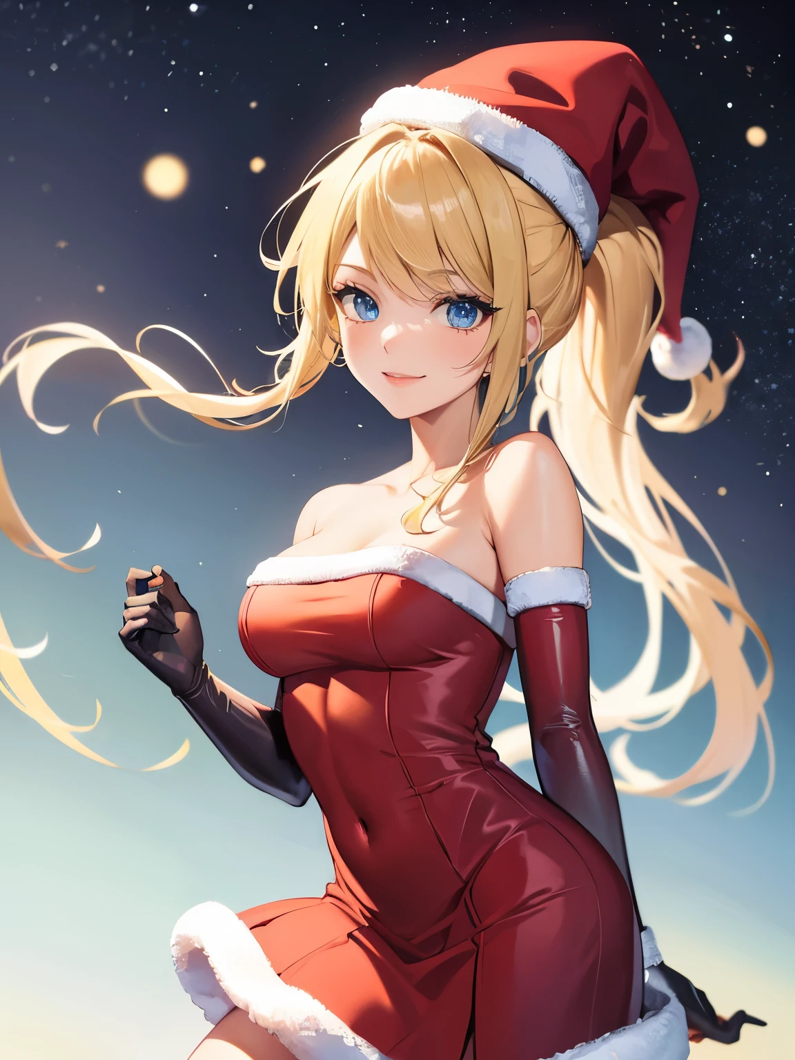 1girl, solo, masterpiece, best quality, high res, highly detailed, (illustration), beautiful detailed eyes,samus aranponytail, hair tie, glossy lips, makeup, smile, long white satin elbow gloves, cowboy shot, (santa), red santa dress, santa hat, strapless dress