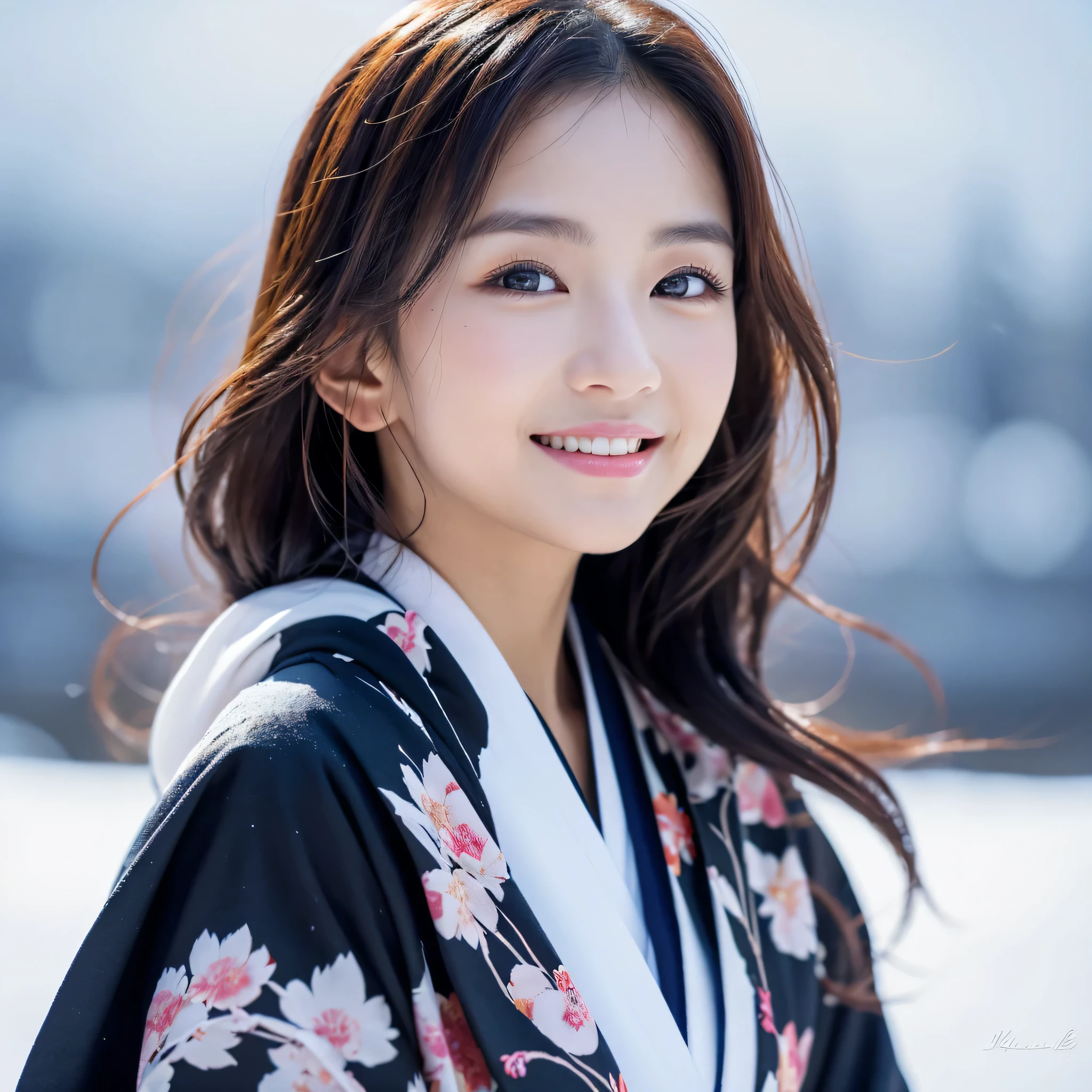 (Super beautiful woman in kimono)、((best qualtiy、8k masterpieces:1.3))、foco nítido:1.2、(ultra beautiful faces:1.0)、(shinny skin:1.0)、photos realistic、A dark-haired、Video Lighting、High-definition eyes and face、Video Lighting、Japanese actressl、from the front side、medium breasts、With a happy smile、Slender Abs Beauty、Whole body、wearing kimonos、In a snowy landscape in the middle of winter、highest grade obi