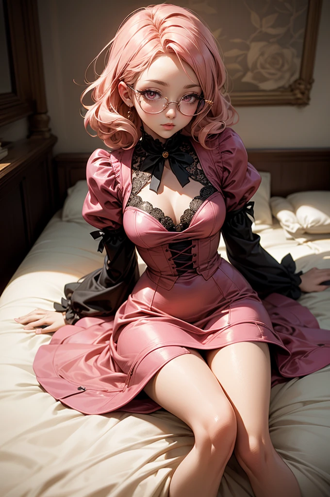 Anime girl tuxedo with curly rose gold hair and round gold glasses, rose gold eyes. Guviz style art, attractive detailed art style, Charlie Bowater Style, 1 7 -  - old e anime girl, detailed manga style, detailed anime character art, germ of art. High detail, stunning manga art style. Rose dress. (pink dress) . Wearing rose gold Victorian clothing. Laying on the bed.