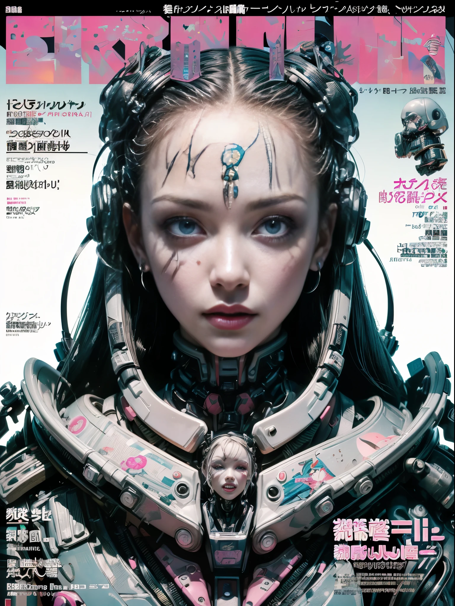 Flowing_contour biomechanical__cybernetic_airbrush___Strange__(((Japanese Harajuku style Fashion_((colorful Magazine_cover))__art_decor_Border)))__porcelain_and_Platinum / Futuristic Cyberpunk woman with porcelain skin, cybernetic implants.
