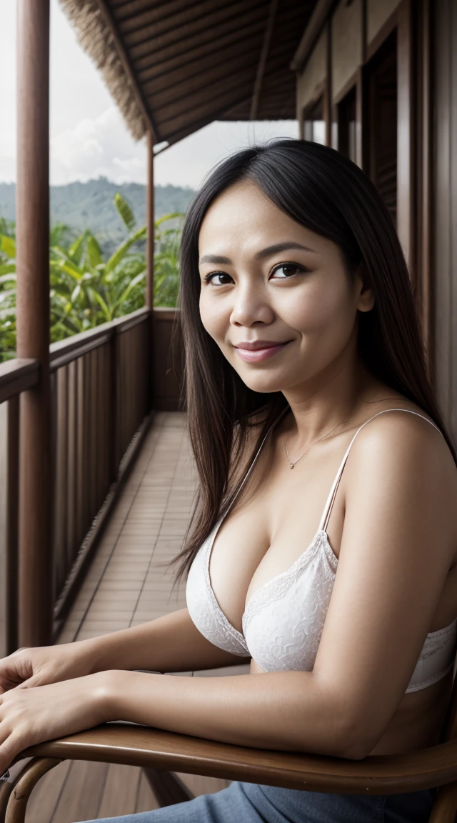 A woman Indonesia has a slightly oval face, chubby cheeks, a sharp nose, a slightly wide forehead, 40 years old,no bra,no ,huge breast,ng in a chair on the terrace of the house, evening atmosphere.Original image,hyperralistic,soft light