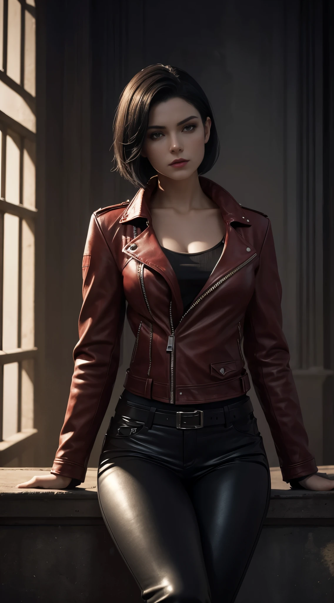 a beautiful 25 years old British female vampire mercenary with short black hair, pale skin, wearing red leather jacket and black tight pants, holding dual handguns, view from front, waist up shot, sitting elegantly on a throne pose, ambient lighting, photo realism, intricate face detail, intricate hand details, highly detailed, vibrant colors, cinematic, high definition, trending on Artstation--style raw