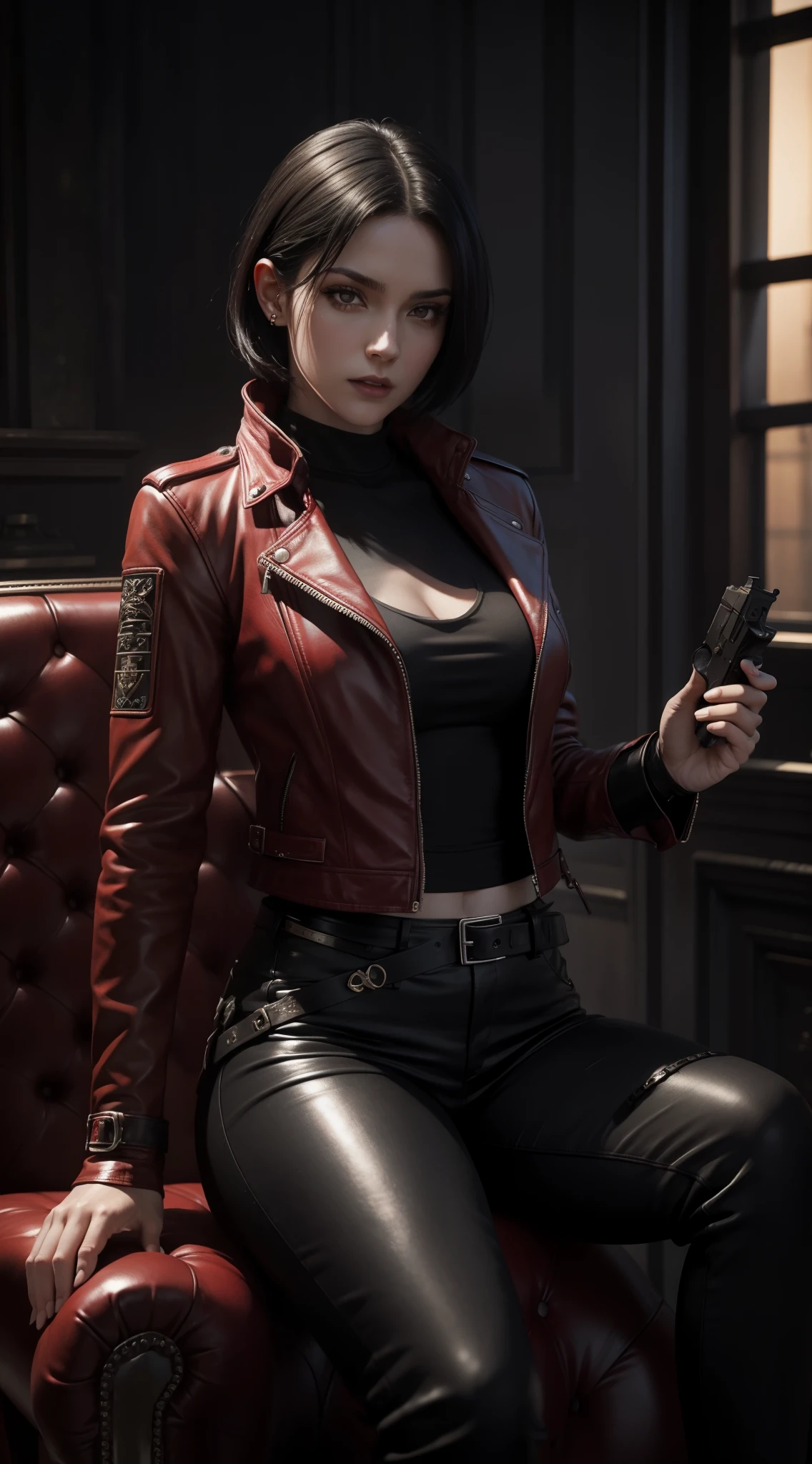 a beautiful 25 years old British female vampire mercenary with short black hair, pale skin, wearing red leather jacket and black tight pants, holding dual handguns, view from front, waist up shot, sitting elegantly on a throne pose, ambient lighting, photo realism, intricate face detail, intricate hand details, highly detailed, vibrant colors, cinematic, high definition, trending on Artstation--style raw