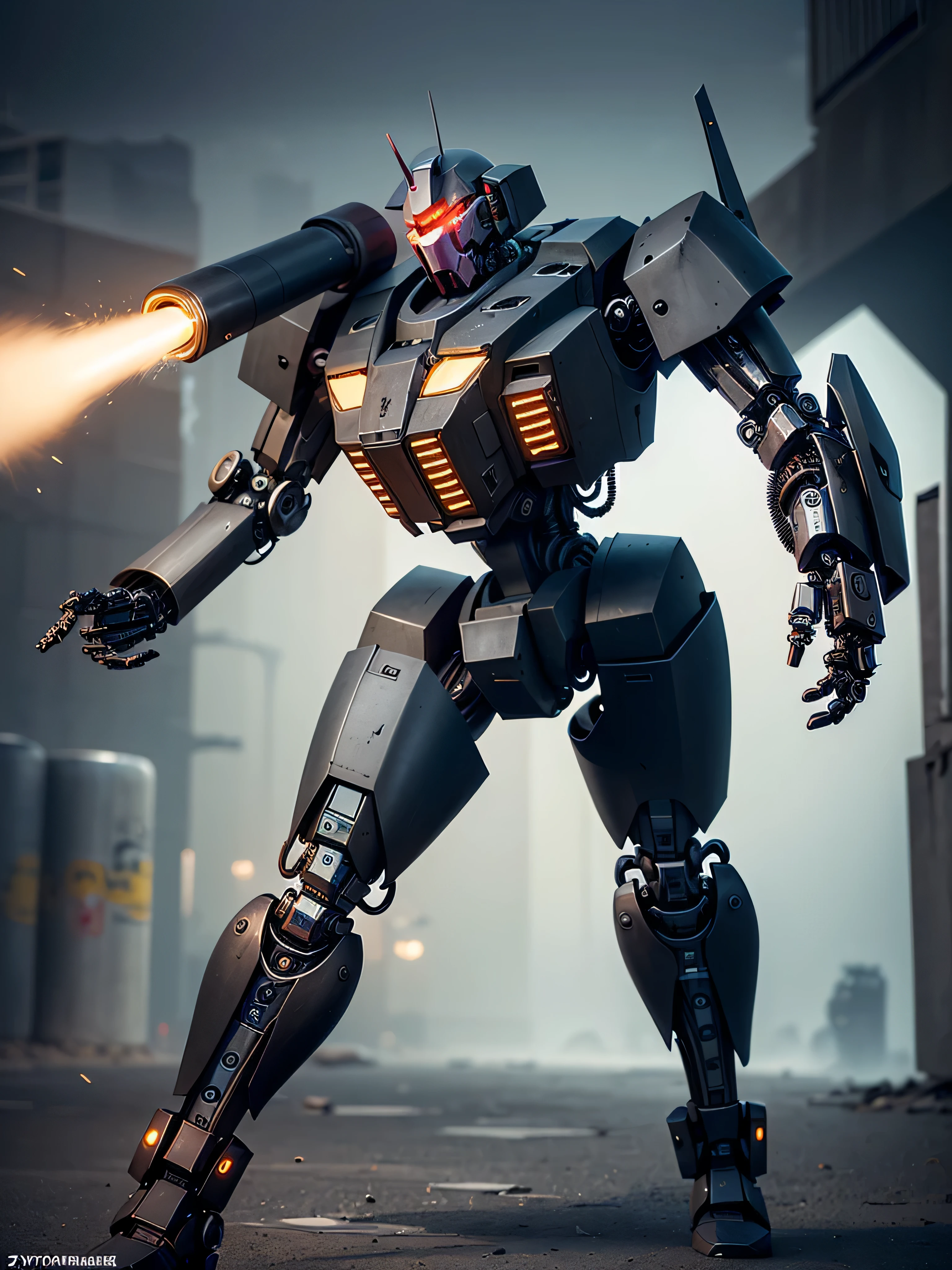 ((best quality: 1.5)) ((masterpiece: 0.8)), intricate details, sharp focus, professional, photorealistic, real life, ((((gigantic battle mech, (gun cylinder arm))))) bright glow, running, in the style of realistic and hyper detailed renderings, zbrush, hyper realistic oil, contoured shading, dark room, dark background, black background, solo, BREAK; BREAK ((((forgotten war city, concrete crater)))), ((fujicolor)), BREAK; BREAK ((((futuristic (matte black armor, ((cybernetic arm, mechanical leg)))), photorealistic, hyper-realistic)))