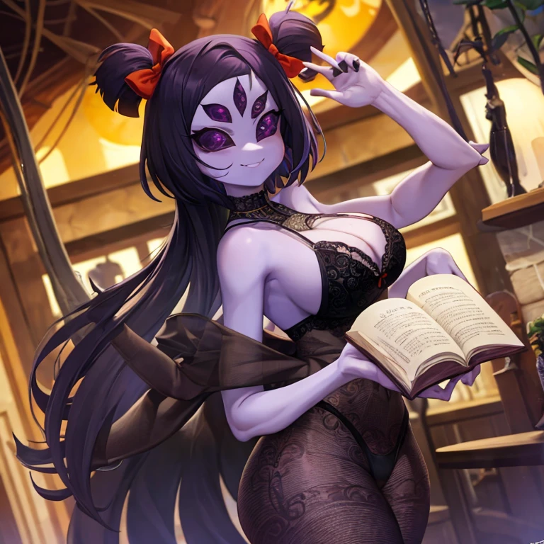 Obra maestra, La mejor calidad, Antecedentes simplistas, Chica monstruo,((purple body:1.3)),humanoide, arachnid, Anthro,((Colmillos)),Coletas,hair bows,5 ojos,spider girl,6 brazos,solamente,They are smiling, Vestido, boca abierta, Antecedentes impresionantes y detallados, 6 manos,Manos detalladas,((spiderwebs:1.4)), (Solo ropa interior), Black bra, bragas negras, Ropa interior negra, Medias negras, from the rear, Mirando al espectador, trasero, caderas anchas, trasero, large trasero, enorme, big behind, Trasero grande, sugestivo