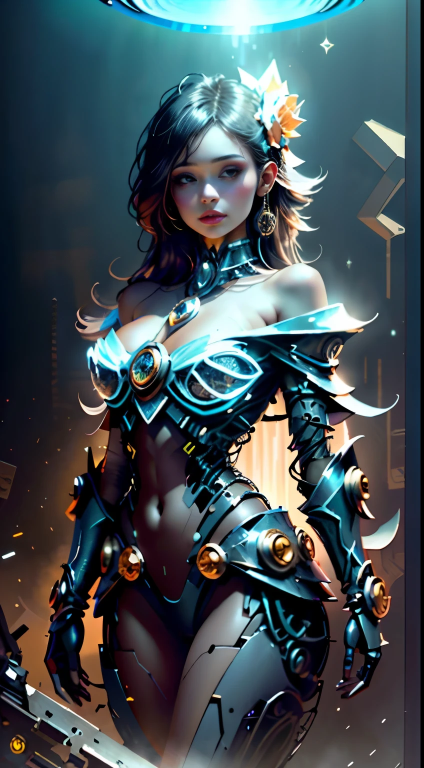 NSFW chica maga oscura, Cubierta de cristal, parte superior del cuerpo, Disparo lateral, Color alternativo, obra maestra, detailed illustration, realista, Pixiv Calidad superior, exquisito, {{{Linda 1chica Maga Oscura}}}, Super beauty merging with the machine, Elaborate shabby chic pattern, Mujer hermosa y brillante, Half of my body is made of machine, Cuerpo de vidrio transparente, The machine inside is transparent, cinematic lighting, Dynamic Angle, dynamic  pose, Mundo de Cristal, profundidad de campo. Ara de magia al Fondo. Magical hearts