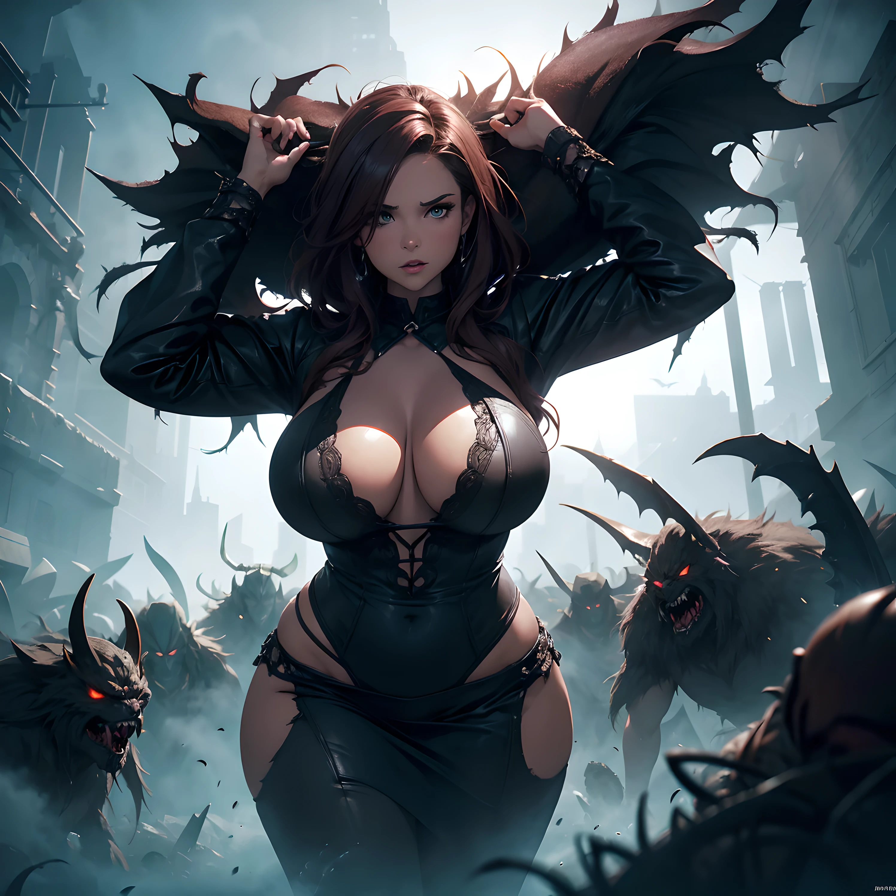 Fantasy, Cinematic high angle medium shot: A horde of monsters stands around a woman with a curvy body, her clothes are torn, she is frightened, she is to be sacrificed, night, foggy, dark, Masterpiece, Cinematic Lighting, indirect lighting