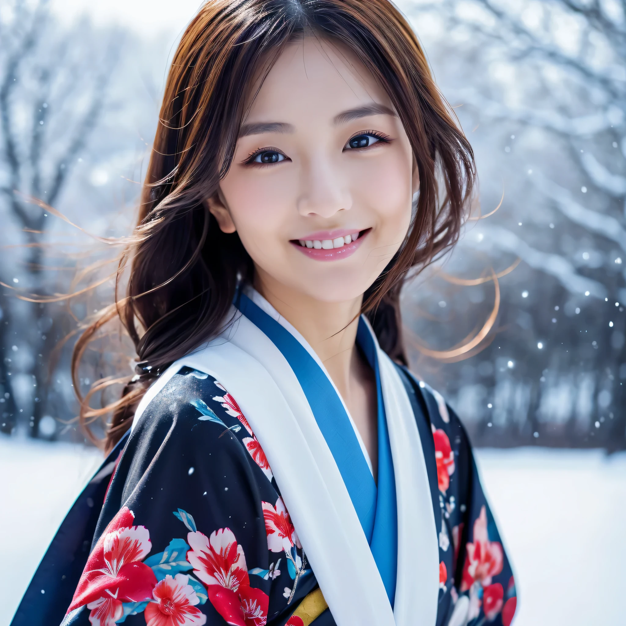 (Super beautiful woman in kimono)、((best qualtiy、8k masterpieces:1.3))、foco nítido:1.2、(ultra beautiful faces:1.0)、(shinny skin:1.0)、photos realistic、A dark-haired、Video Lighting、High-definition eyes and face、Video Lighting、Japanese actressl、from the front side、medium breasts、With a happy smile、Slender Abs Beauty、Whole body、wearing kimonos、In a snowy landscape in the middle of winter、highest grade obi