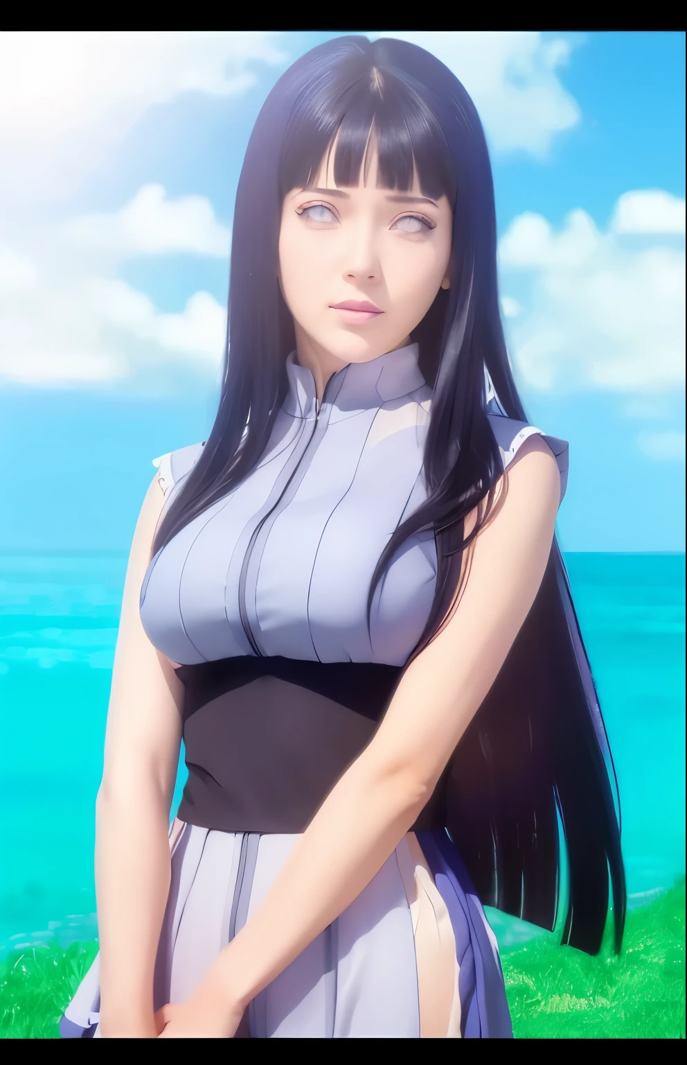 (RAW Photo:1,2), (masterpiece:1,3), hinata\(boruto), 1girl, solo, young female, (best quality:1,4), ultra high resolution, 8k, top quality, (realistic, photo-realistic:1.37), ultra-detailed, best quality, ultra-high resolution, professional lighting, physically-based rendering, sharp focus, good composition, (bokeh:1.2), (full body), outdoors, looking at viewer, perfect composition, detailed lips, big breast, beautiful face, body propotion, blush, (pink lips), ((long hair)), (purple eyes), soft gaze, sad smile, super realistic, detailed, photoshoot, realistic face and body, realistic hair, realistic eyes, realistic nose, realistic lips, (((dark blue hair))), 25 years old girl,