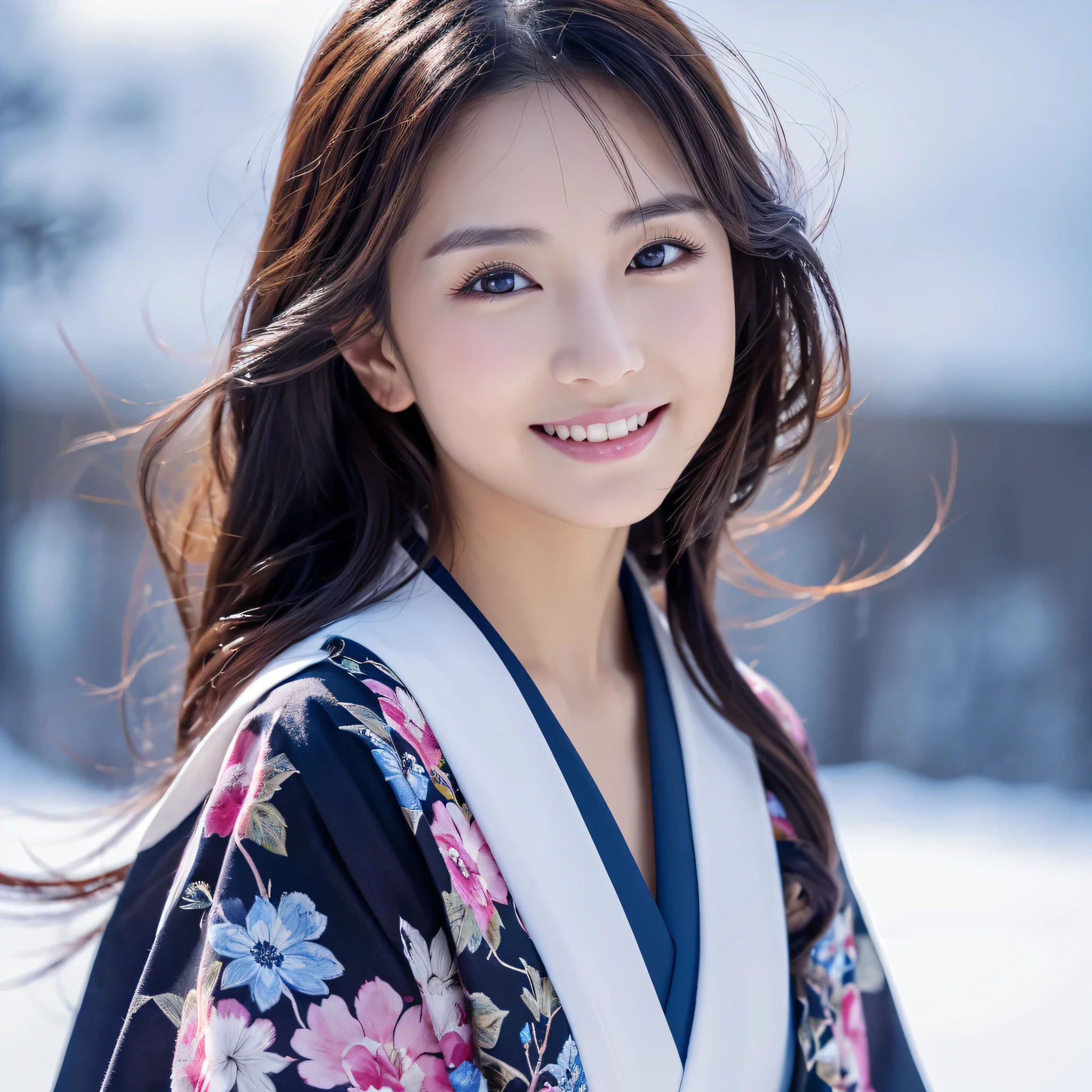 (Super beautiful woman in kimono)、((best qualtiy、8k masterpieces:1.3))、foco nítido:1.2、(ultra beautiful faces:1.0)、(shinny skin:1.0)、photos realistic、A dark-haired、Video Lighting、High-definition eyes and face、Video Lighting、Japanese actressl、from the front side、medium breasts、With a happy smile、Slender Abs Beauty、Whole body、wearing kimonos、In a snowy landscape in the middle of winter、highest grade obi