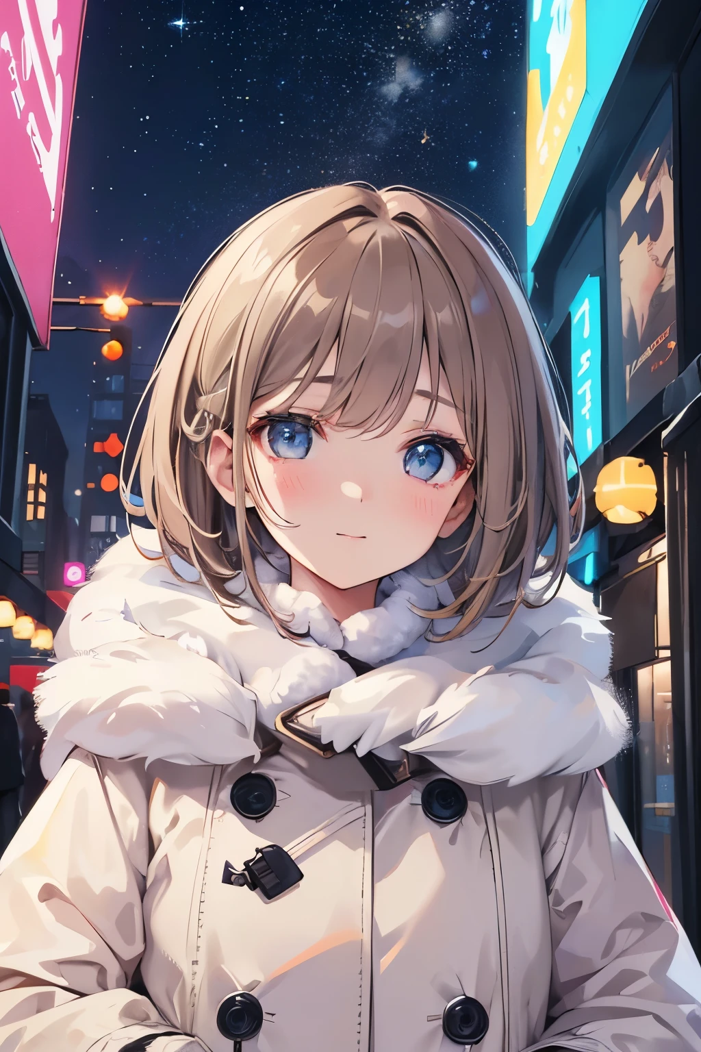 ((masterpiece)), One girl, solo, (pale brown hair), cute eyes, (messy bob hair), ((Fancy makeup)), (happy face), blush, White breath, fluffy muffler, coat, looks very cold, neon lights in city, (winter), ((starry sky))