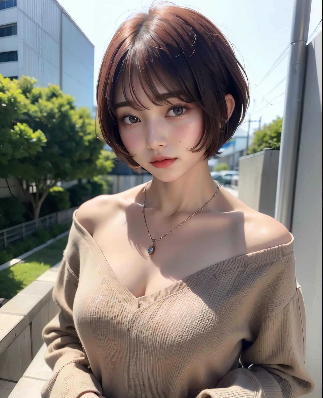 ((top-quality))、(masterpiece:1.4)、Raw photography、8K、((Top image quality))、 ((hight resolution))、Beautiful face in every detail、realisiticな人の肌、Gentle expression、(One lady:1.3 )、realisitic、(rather short hair:1.4)、(Beautuful Women)、(cute Japanese girls:1.3)、(boyish:1.3)、((mannish))、((Pretty Woman))、(Beautiful hair)、((dark brown hair))、With bangs、(((Red cheeks)))、(Her eyes are big:1.3)、20-year-old beauty、(her face is small:1.3 )、small head、(long neck:1.3)、a necklace、Charismatic model、fashion modell、oversized clothes、Moe Sleeve、