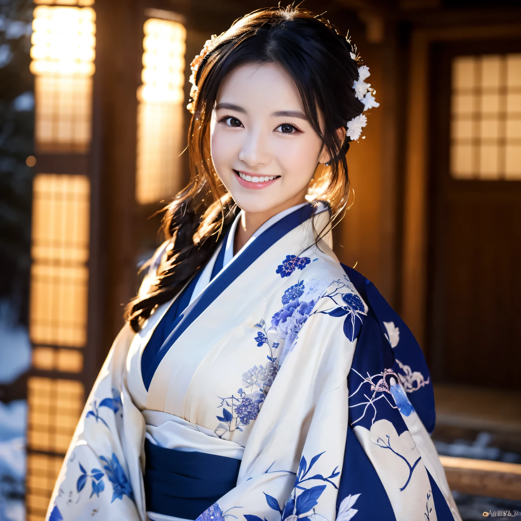 (Super beautiful woman in kimono)、((best qualtiy、8k masterpieces:1.3))、foco nítido:1.2、(ultra beautiful faces:1.0)、(shinny skin:1.0)、photos realistic、A dark-haired、Video Lighting、High-definition eyes and face、Video Lighting、Japanese actressl、from the front side、medium breasts、With a happy smile、Slender Abs Beauty、Whole body、wearing kimonos、In a snowy landscape in the middle of winter、highest grade obi