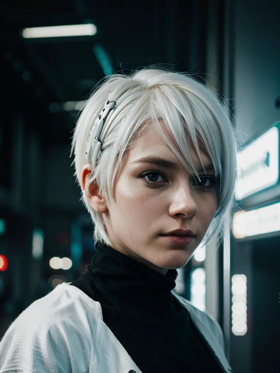 Cyberpunk noruegeise girl , white hair , short hair