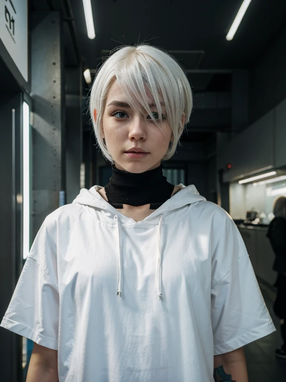 Cyberpunk noruegeise girl , white hair , short hair
