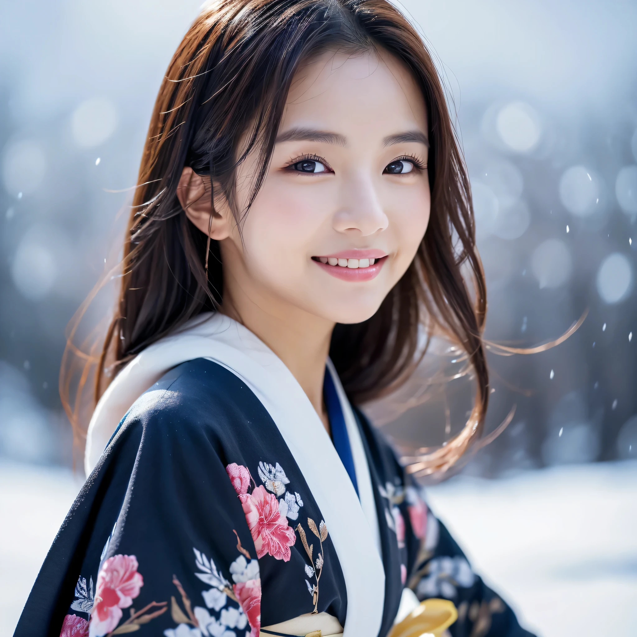 (Super beautiful woman in kimono)、((best qualtiy、8k masterpieces:1.3))、foco nítido:1.2、(ultra beautiful faces:1.0)、(shinny skin:1.0)、photos realistic、A dark-haired、Video Lighting、High-definition eyes and face、Video Lighting、Japanese actressl、from the front side、medium breasts、With a happy smile、Slender Abs Beauty、Whole body、wearing kimonos、In a snowy landscape in the middle of winter、highest grade obi