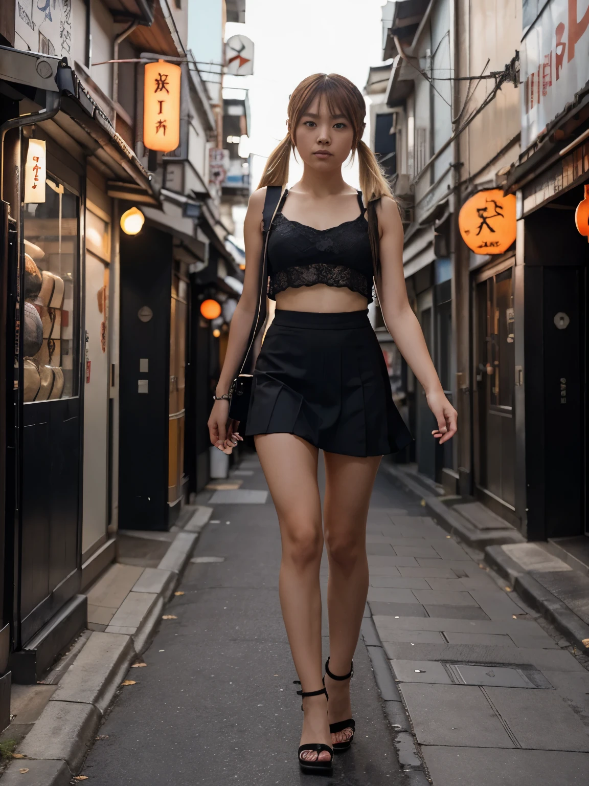 (naruko uzumaki) a short Japanese woman walking down a street in the city of Tokyo, a teenager between and 17ith blonde hair and blue eyes with twin pigtails with a body similar to that of (rias gremory) dressed in a black lace skirt and a black fabric skirt and a black strappy sleeveless blouse and heelless sandals