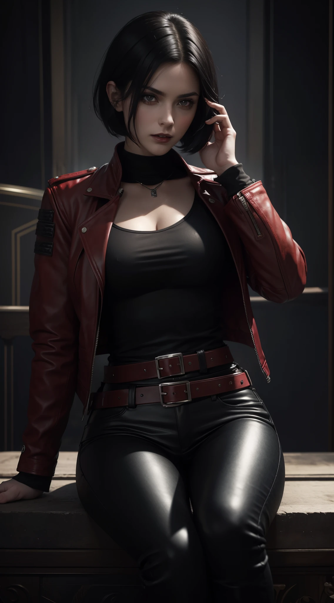 a beautiful 25 years old British female vampire mercenary with short black hair, pale skin, wearing red leather jacket and black tight pants, holding dual handguns, view from front, waist up shot, sitting elegantly on a throne pose, ambient lighting, photo realism, intricate face detail, intricate hand details, highly detailed, vibrant colors, cinematic, high definition, trending on Artstation--style raw