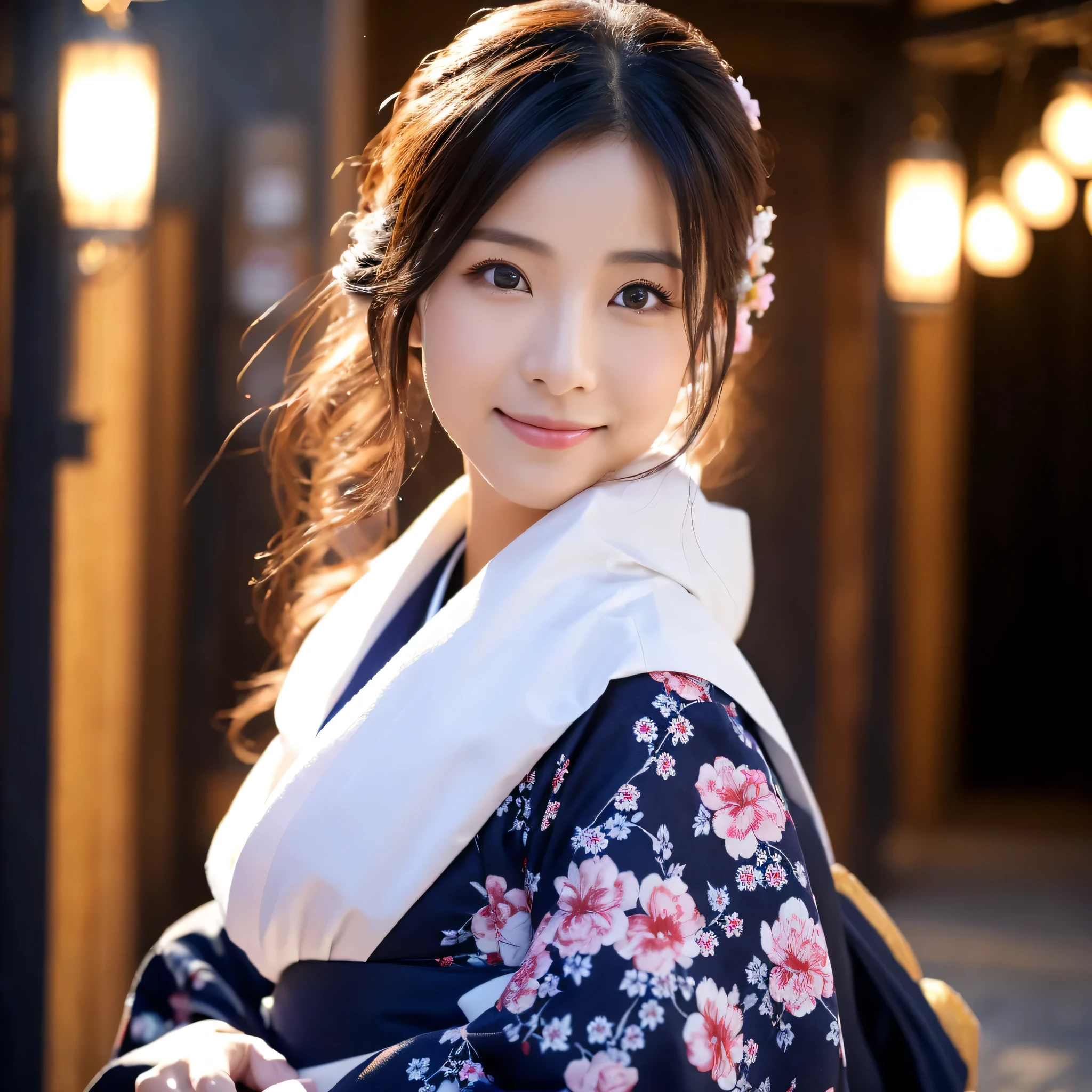 (Super beautiful woman in kimono)、((best qualtiy、8k masterpieces:1.3))、foco nítido:1.2、(ultra beautiful faces:1.0)、(shinny skin:1.0)、photos realistic、A dark-haired、Video Lighting、High-definition eyes and face、Video Lighting、Japanese actressl、from the front side、medium breasts、With a happy smile、Slender Abs Beauty、Whole body、wearing kimonos、In a snowy landscape in the middle of winter、highest grade obi